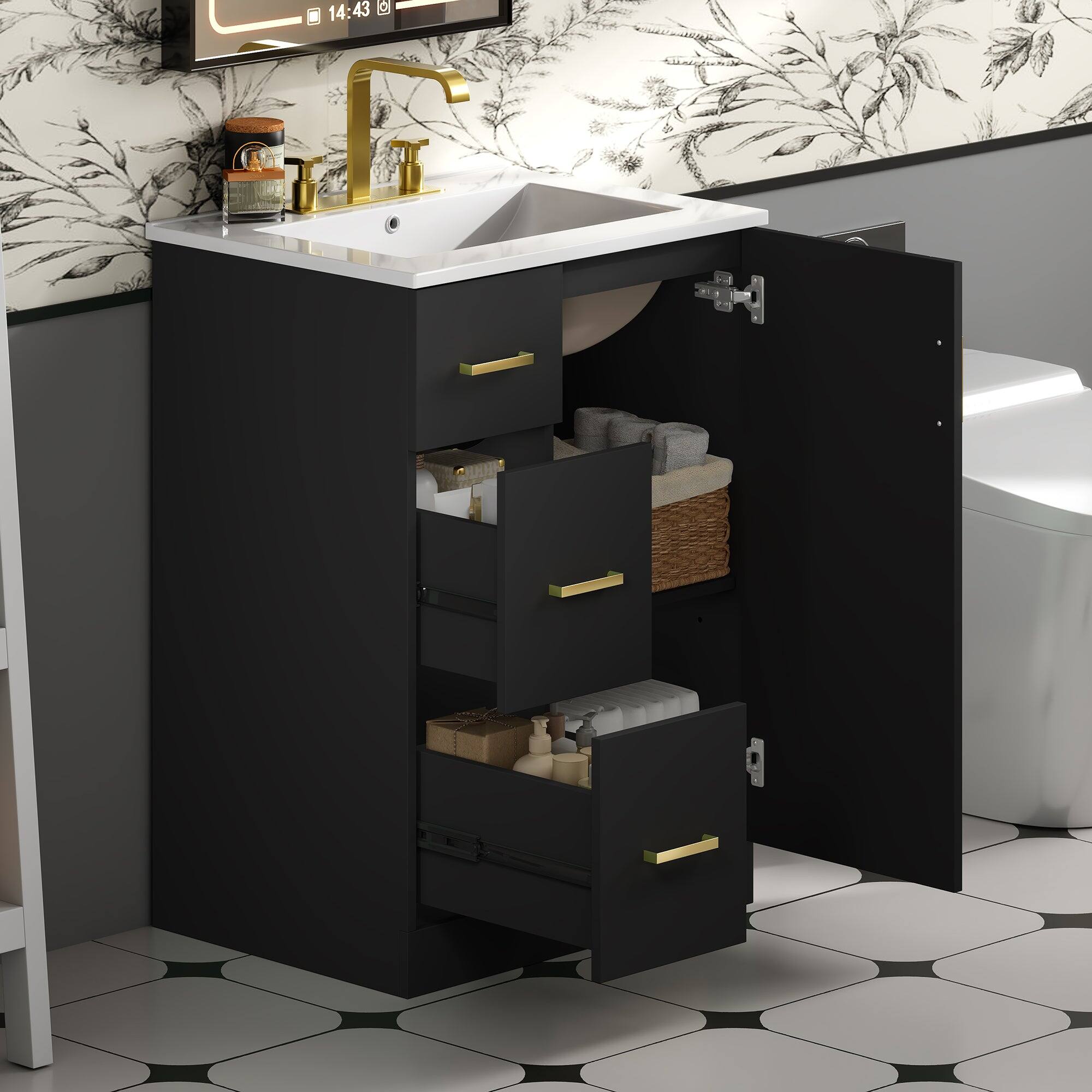 Alt View 5. Boyel Living - 24 Inch Modern Bathroom Vanity with Sink 2 Drawers and Soft Close Door Black - Black.