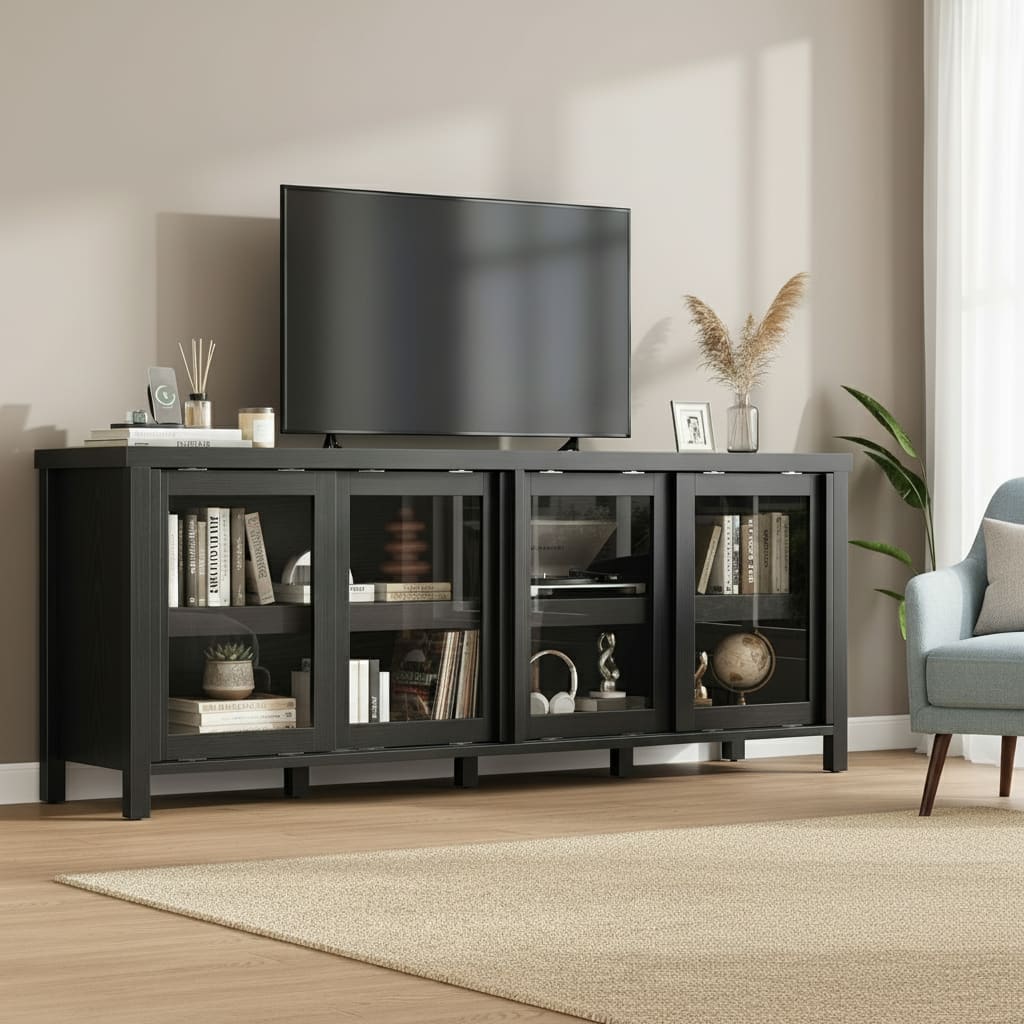 GARVEE - TV Stand, with 4 Sliding Glass Doors & Storage Cabinet - Black