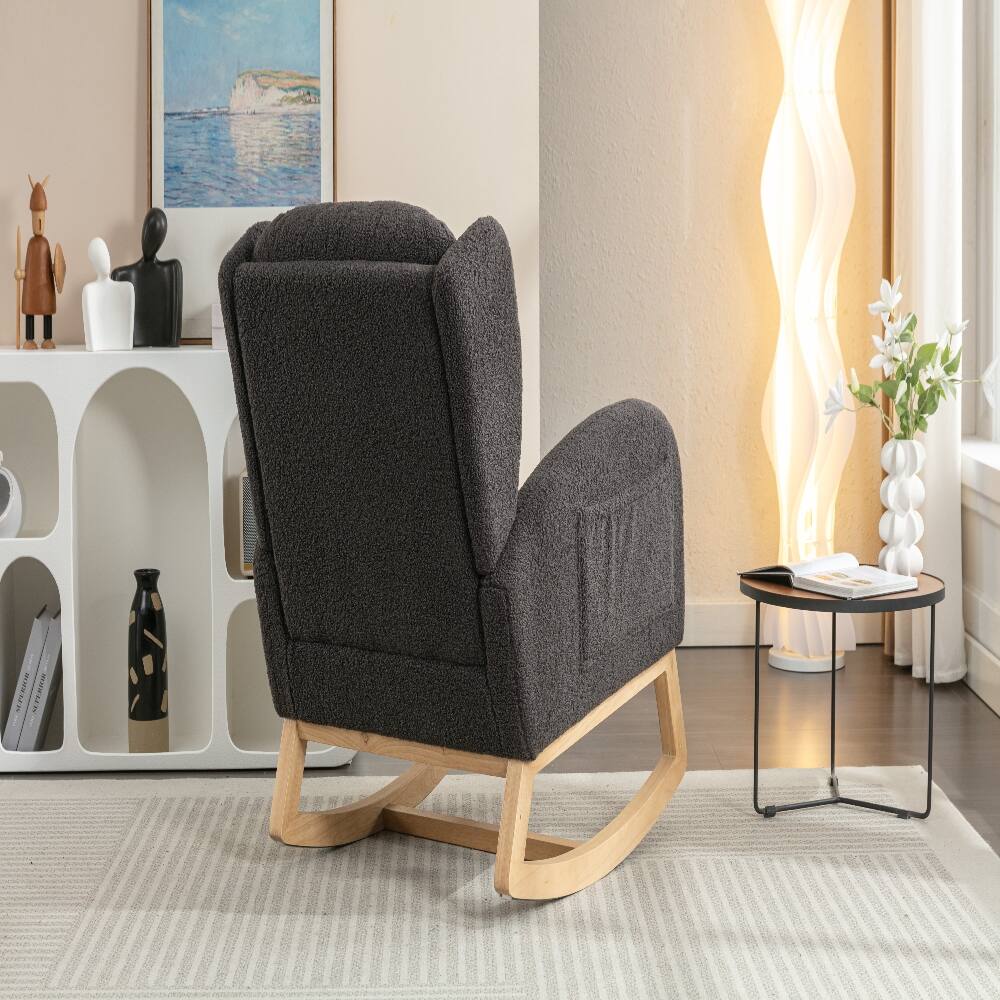 Back. Loheer - Loheer Teddy Fabric Rocking Chair Dark Gray Ergonomic Nursery Rocker with Wood Legs 300 lbs Capacity - Dark Gray.