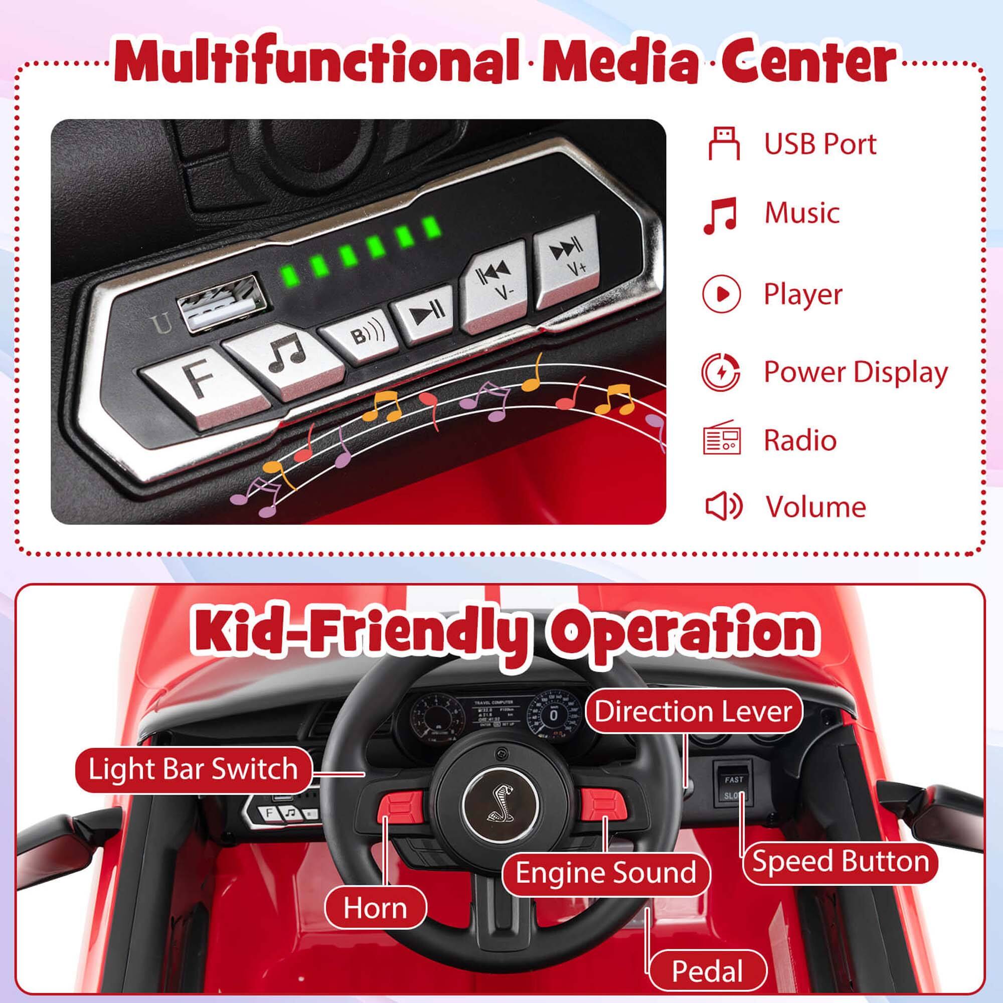 Multifunctional Media Center

- USB Port
- Music
- Player
- Power Display
- Radio
- Volume

Kid-Friendly Operation

- Light Bar Switch
- Horn
- Direction Lever
- Engine Sound
- Speed Button
- Pedal