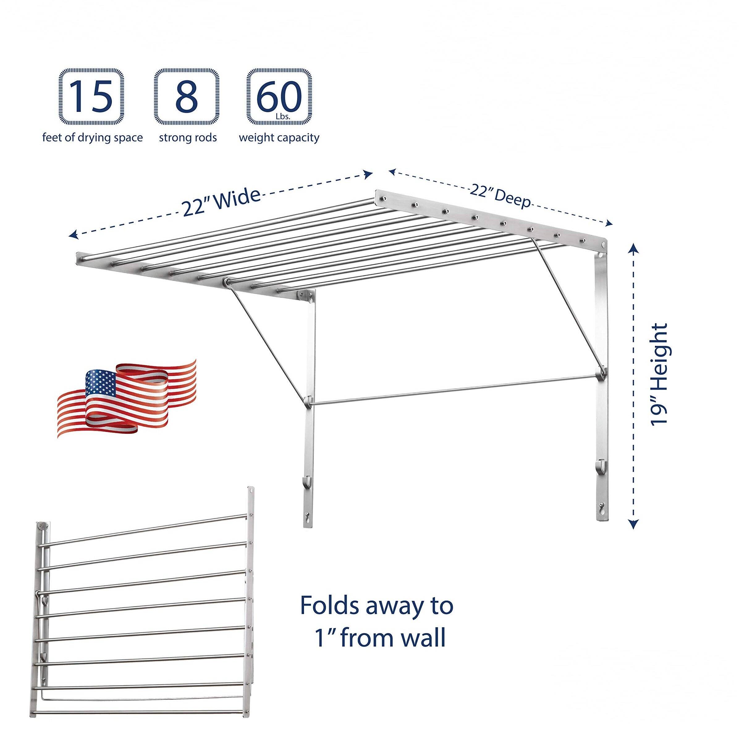 15 feet of drying space  
8 strong rods  
60 lbs. weight capacity  
22" Wide  
22" Deep  
19" Height  
Folds away to 1" from wall