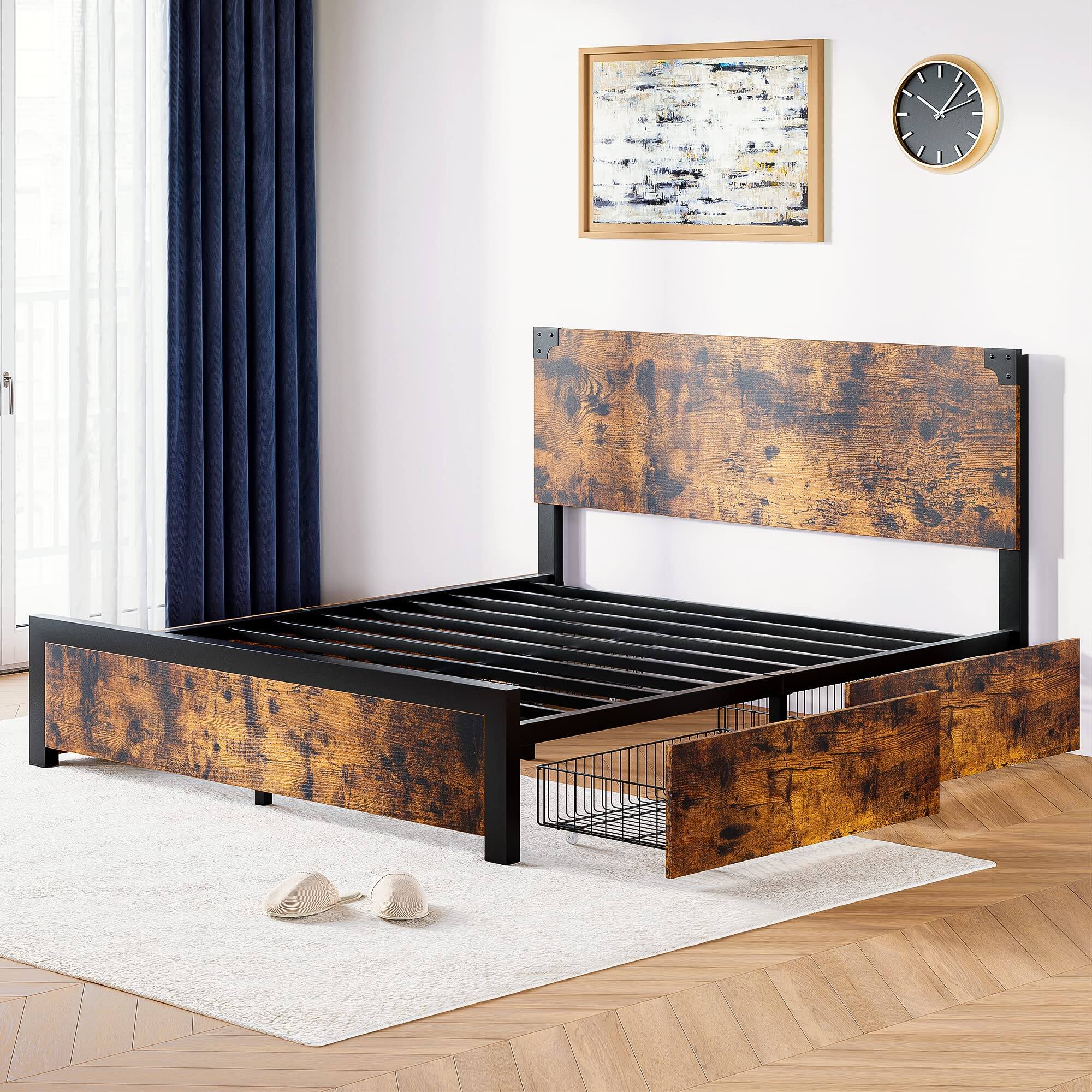 Alt View 3. Homhougo - King Bed Frame, Platform Full Size Bed Frame with Wood Headboard, Metal Full Bed Frame Brown - Brown.