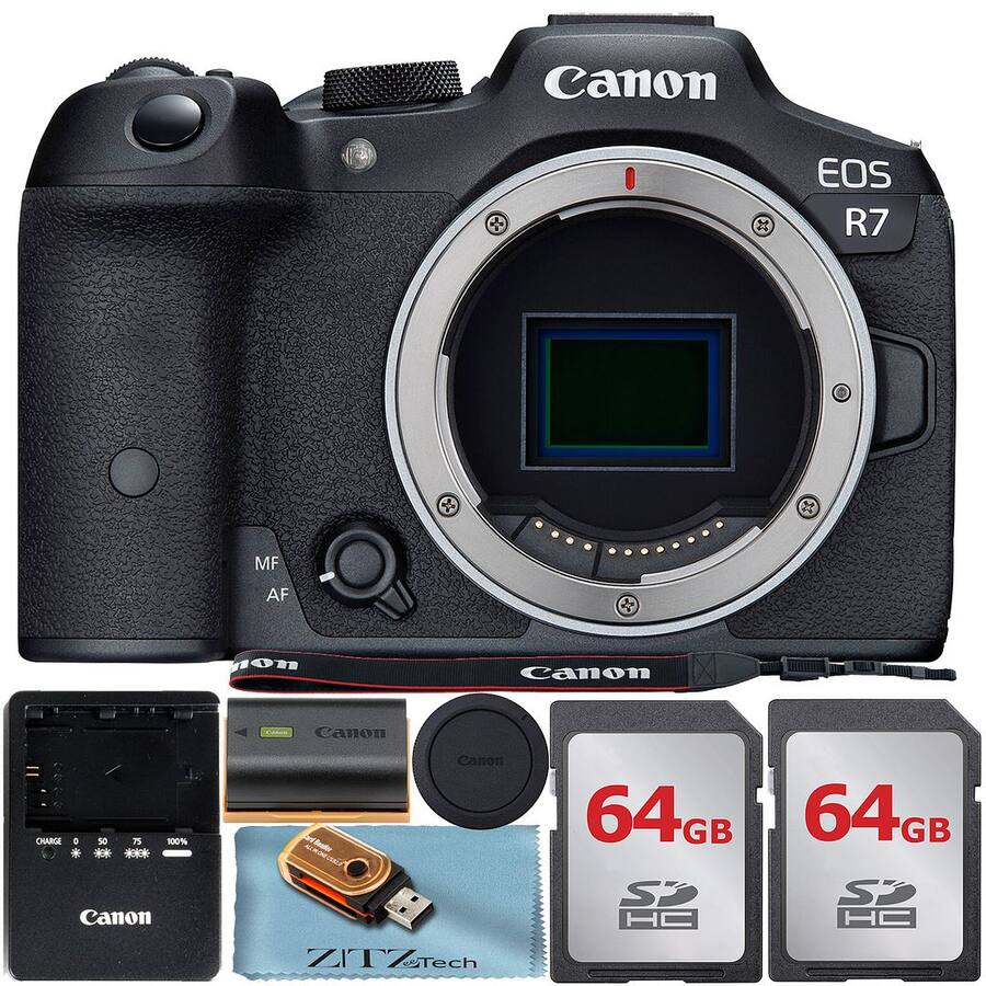 Canon EOS R7 Mirrorless Camera with 2x 64GB Card + Card Reader + Canon EOS R7 Mirrorless Camera with 2x 64GB Card + Card Reader +