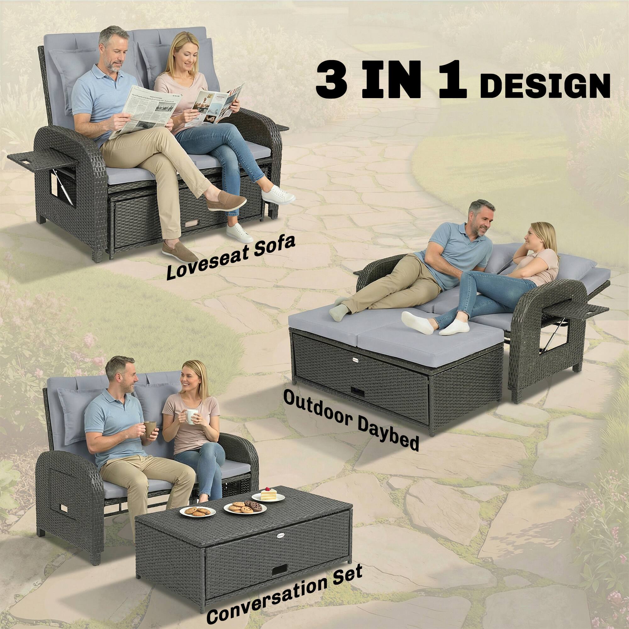 3 IN 1 DESIGN  
- Loveseat Sofa  
- Outdoor Daybed  
- Conversation Set