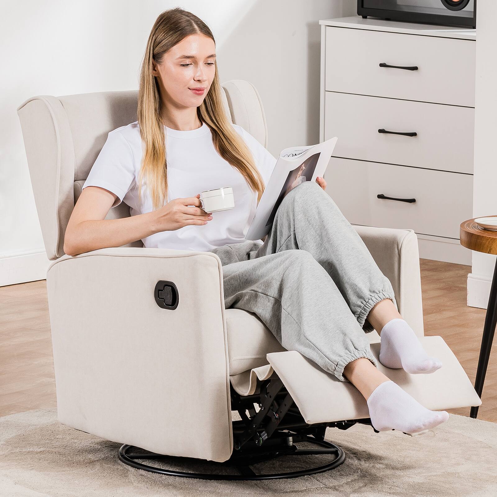 Alt View 3. CloudRest Pro - Rocking Recliner Chair Textile Swivel Glider Reclining,Beige - Beige.