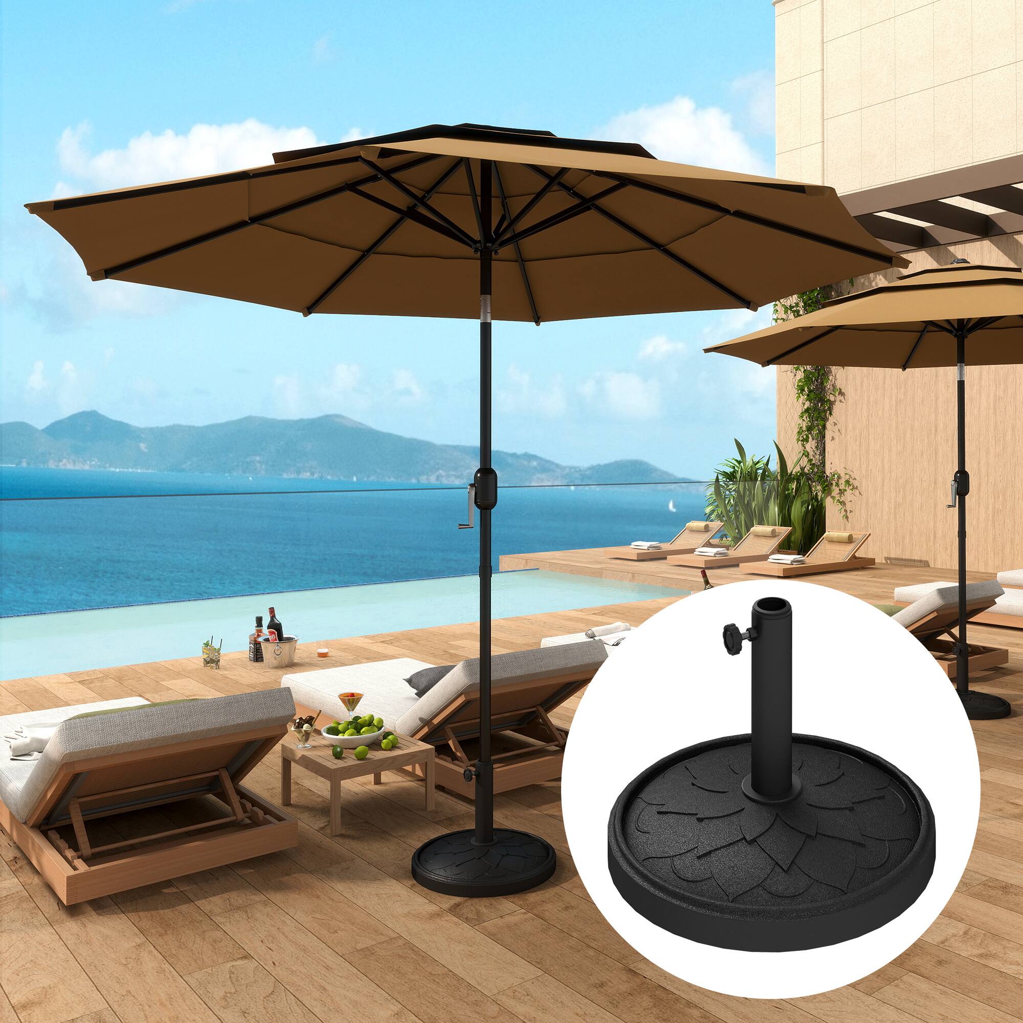 Angle. Outsunny - Round Patio Umbrella Base, 26 lbs Resin Umbrella Stand Base, Umbrella Holder for 1.3"/1.5"/1.9" Umbrella Poles - Black.
