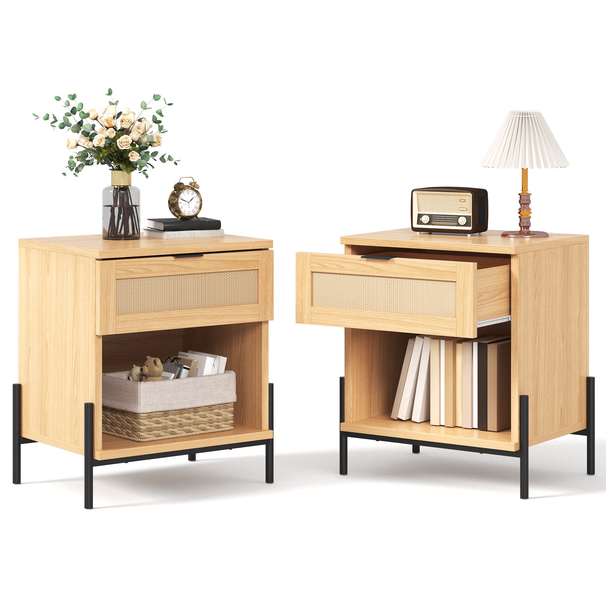U-HOMY - Boho Rattan Nightstand Set of 2, 19.7" Wide Bedside Tables with Drawer and Shelf for Bedroom or Living Room - Wood Color