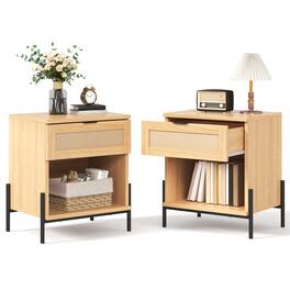 U-HOMY - Boho Rattan Nightstand Set of 2, 19.7" Wide Bedside Tables with Drawer and Shelf for Bedroom or Living Room - Wood Color