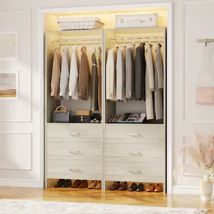 Front. Aheaplus - 4FT Closet Organizer with Hanging Rods and Drawers, Clothes Rack for Small Space, Set of 2 - Beige Oak.