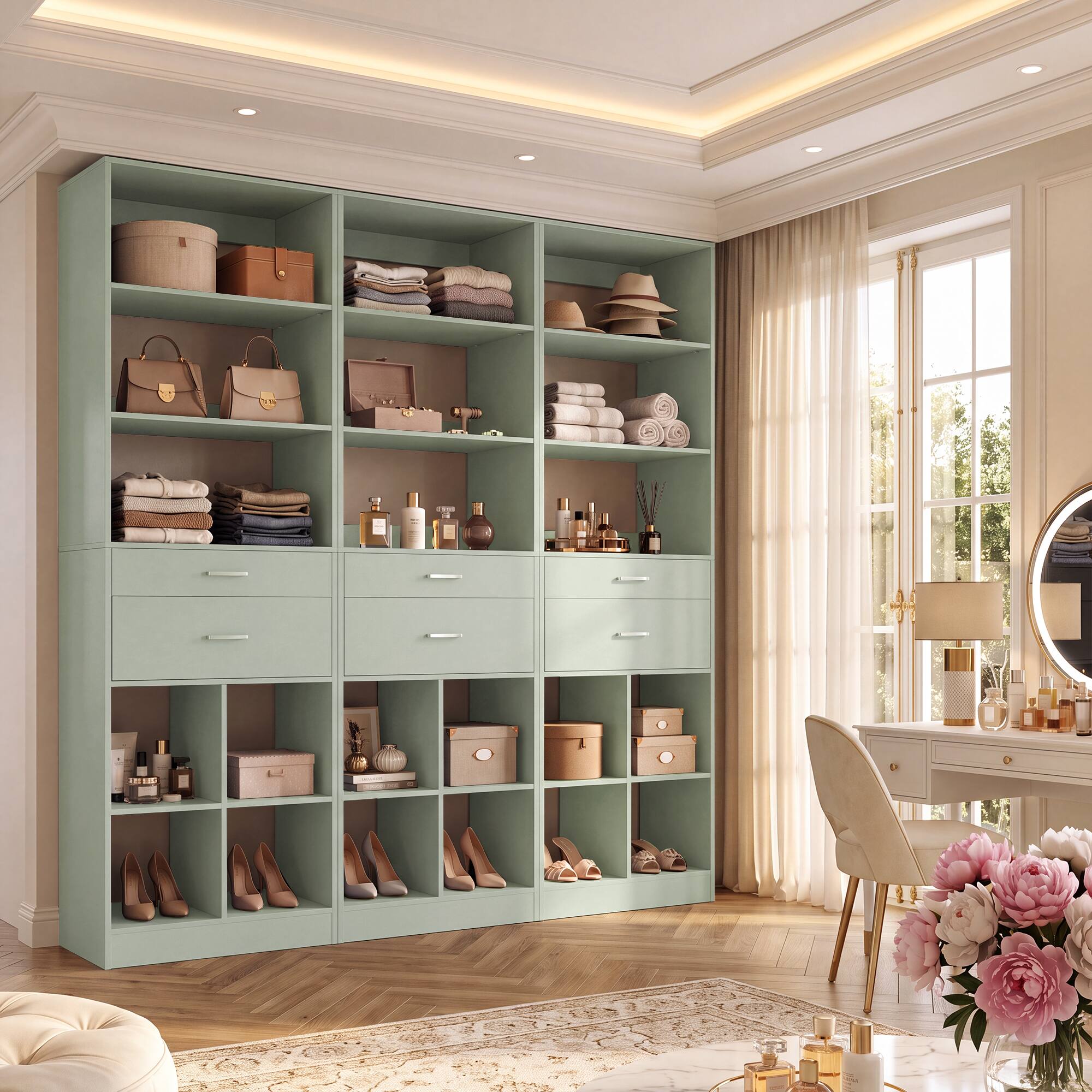 Angle. Aheaplus - 22" 3-Piece Floor-Standing Closet System with Adjustable Shelves & Smooth-Glide Drawers,Ships in 3 packages - Cyan.