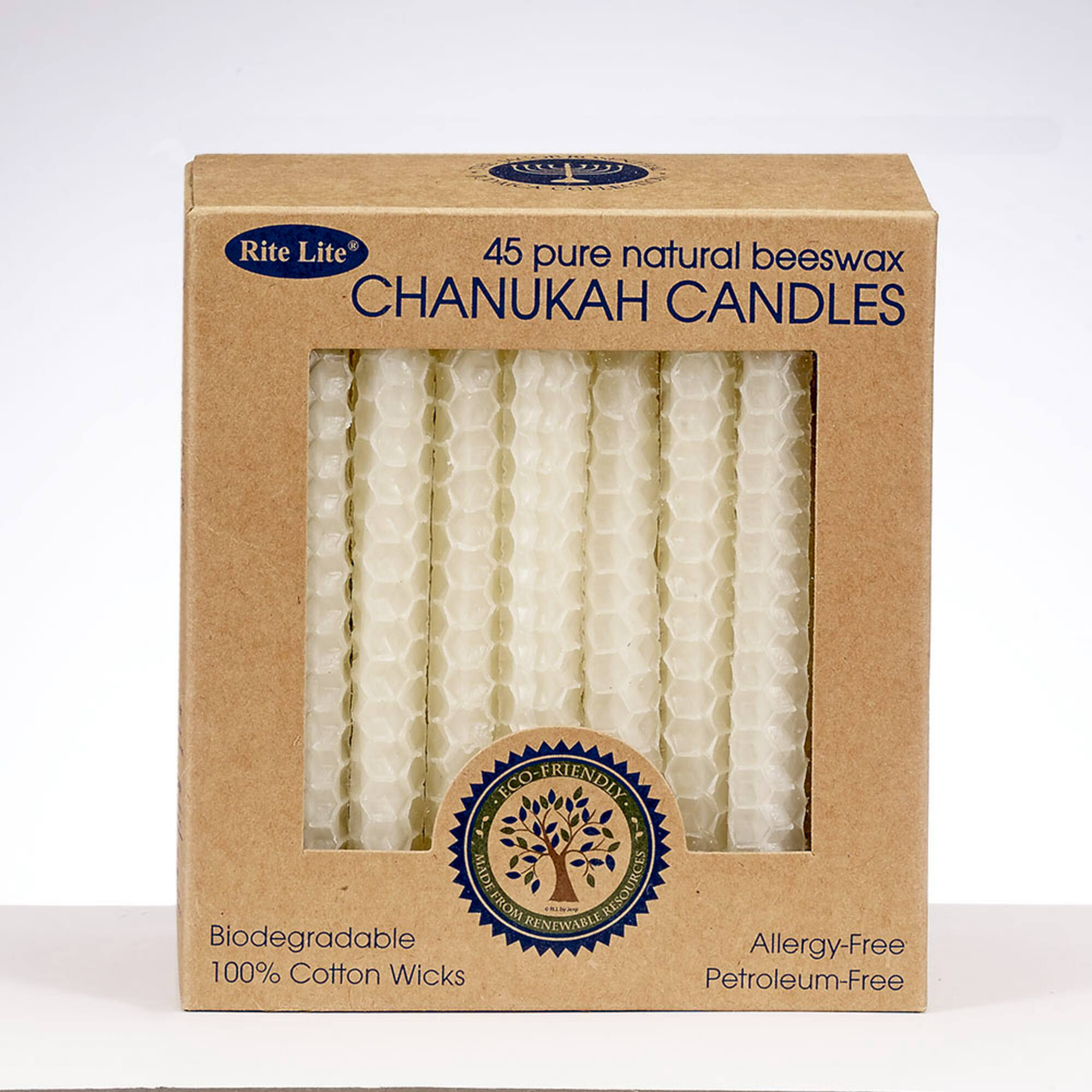 Rite Lite  
45 pure natural beeswax  
CHANUKAH CANDLES  

Biodegradable  
100% Cotton Wicks  

Allergy-Free  
Petroleum-Free  

ECO-FRIENDLY  
MADE FROM RENEWABLE RESOURCES