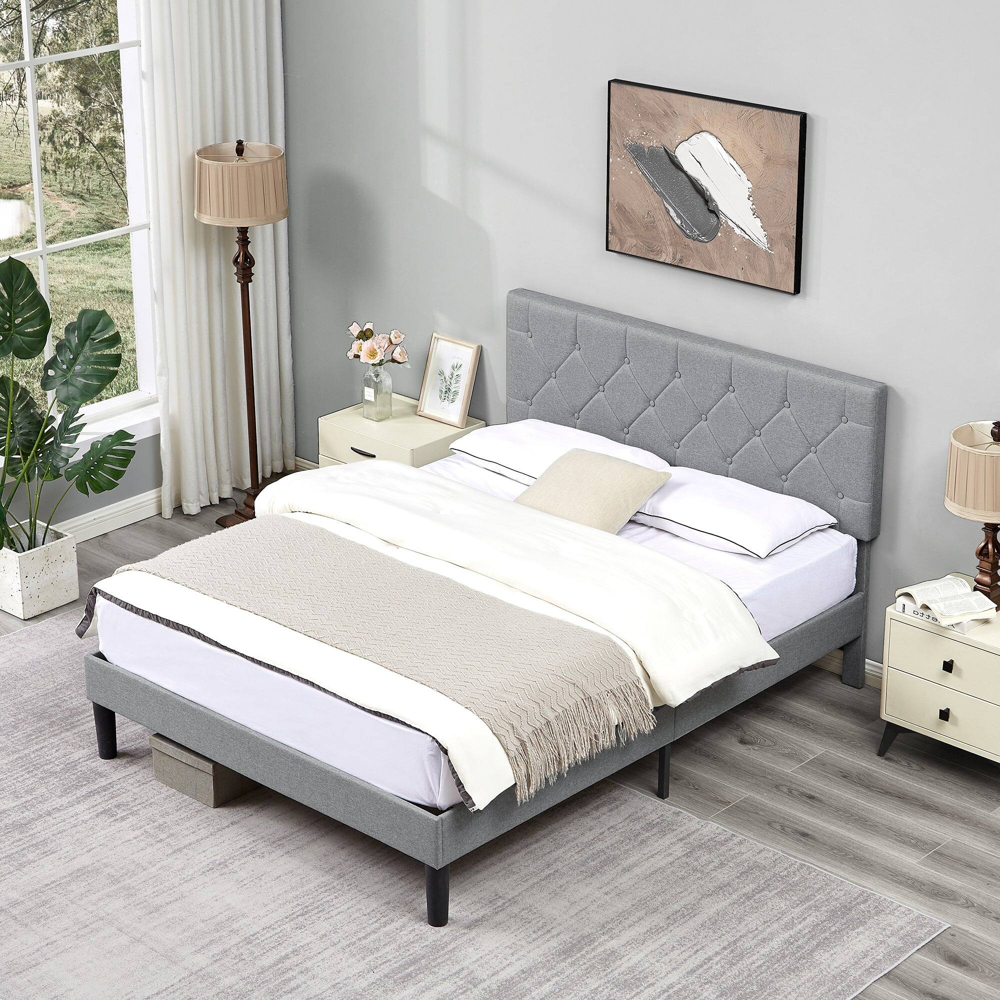 Angle. Vecelo - Full Bed Frame with Upholstered Headboard, Heavy Duty Wooden Bed Slats - Noiseless Platform Bed, No Box Spring Required - Grey.