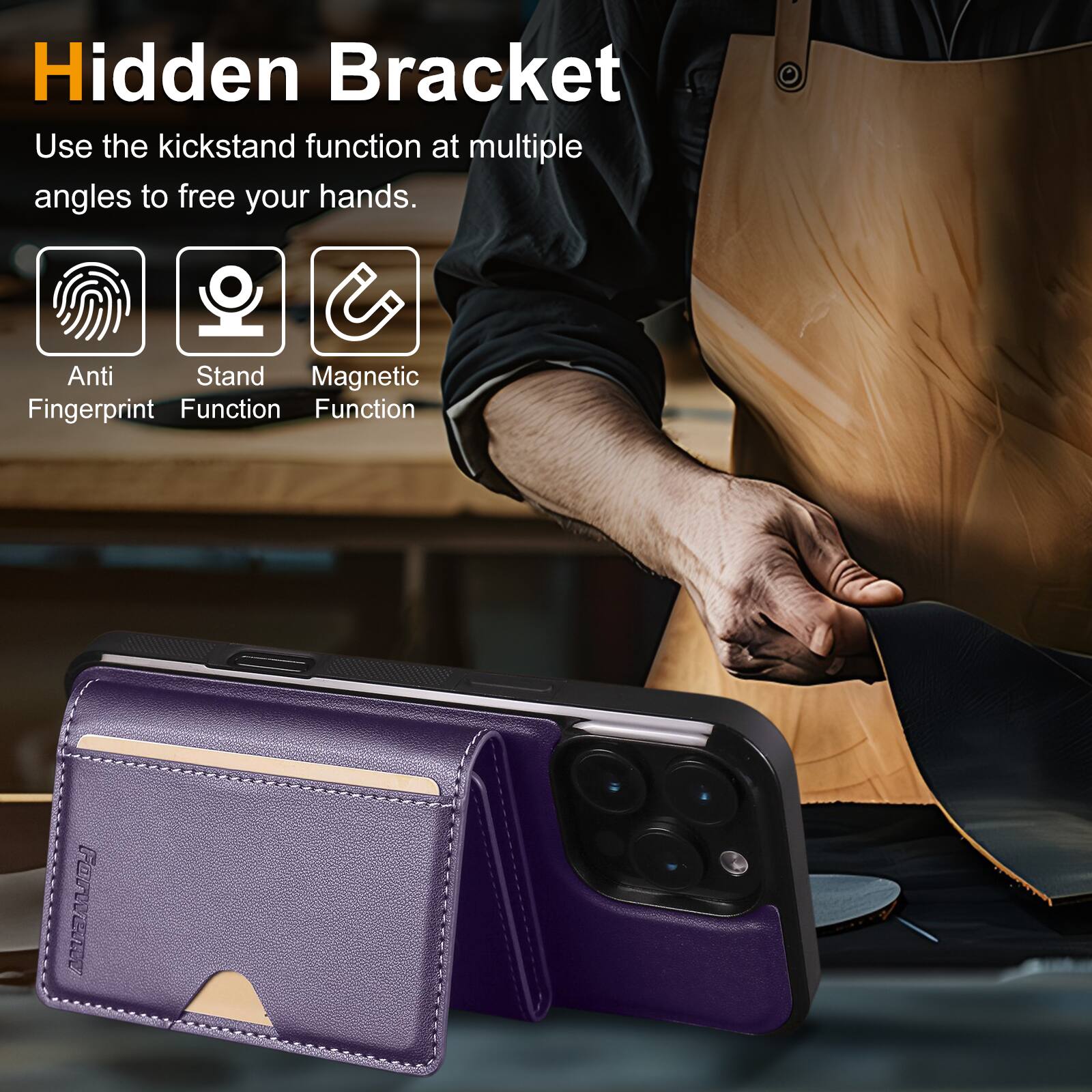 Hidden Bracket  
Use the kickstand function at multiple angles to free your hands.  

Anti Fingerprint Function  
Stand Function  
Magnetic Function