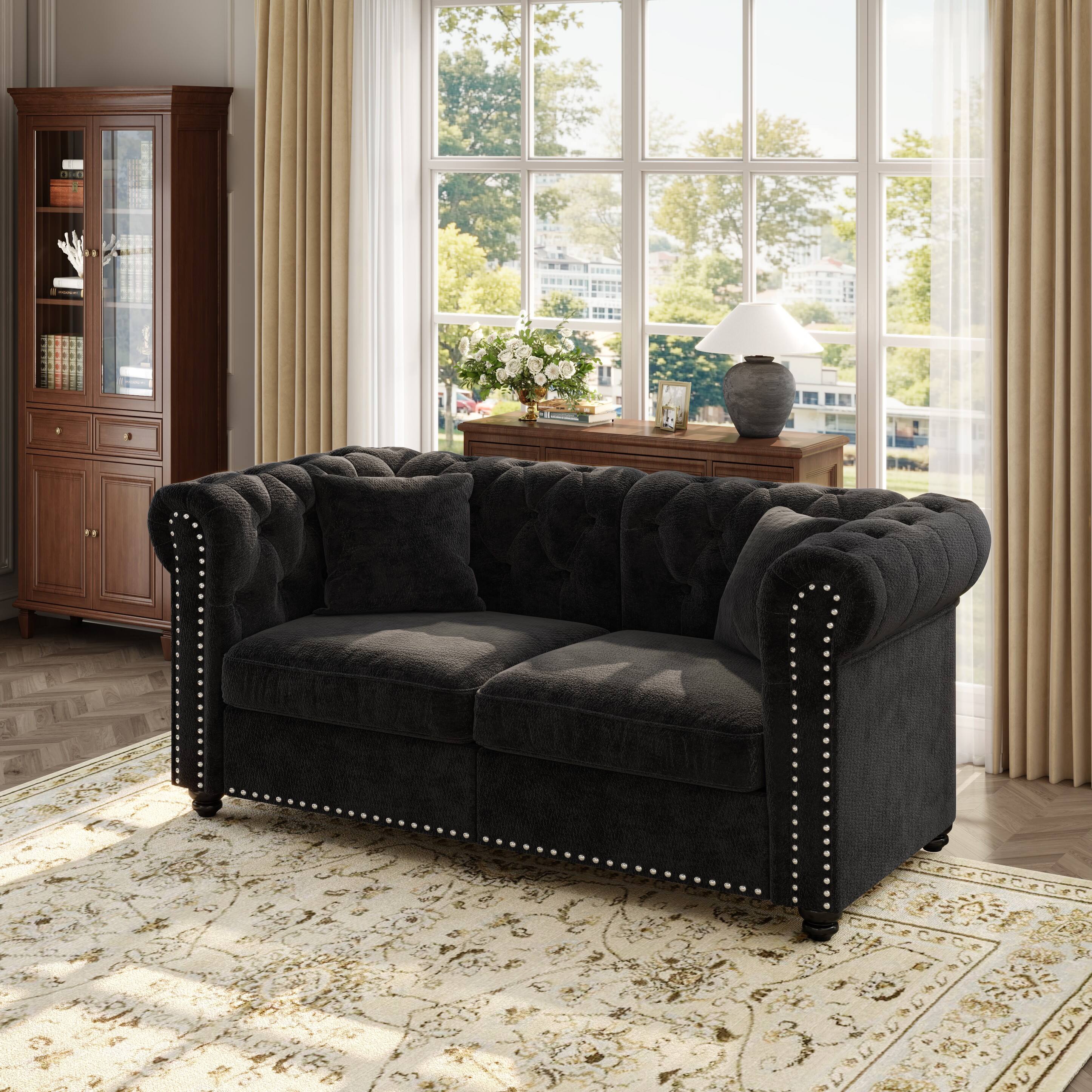 Angle. Anysun - 2 Seater 62.2" Chesterfield Tufted Sectional Sofa with Rolled Arms & Nailhead Trim, Chenille Deep Seat - Black.
