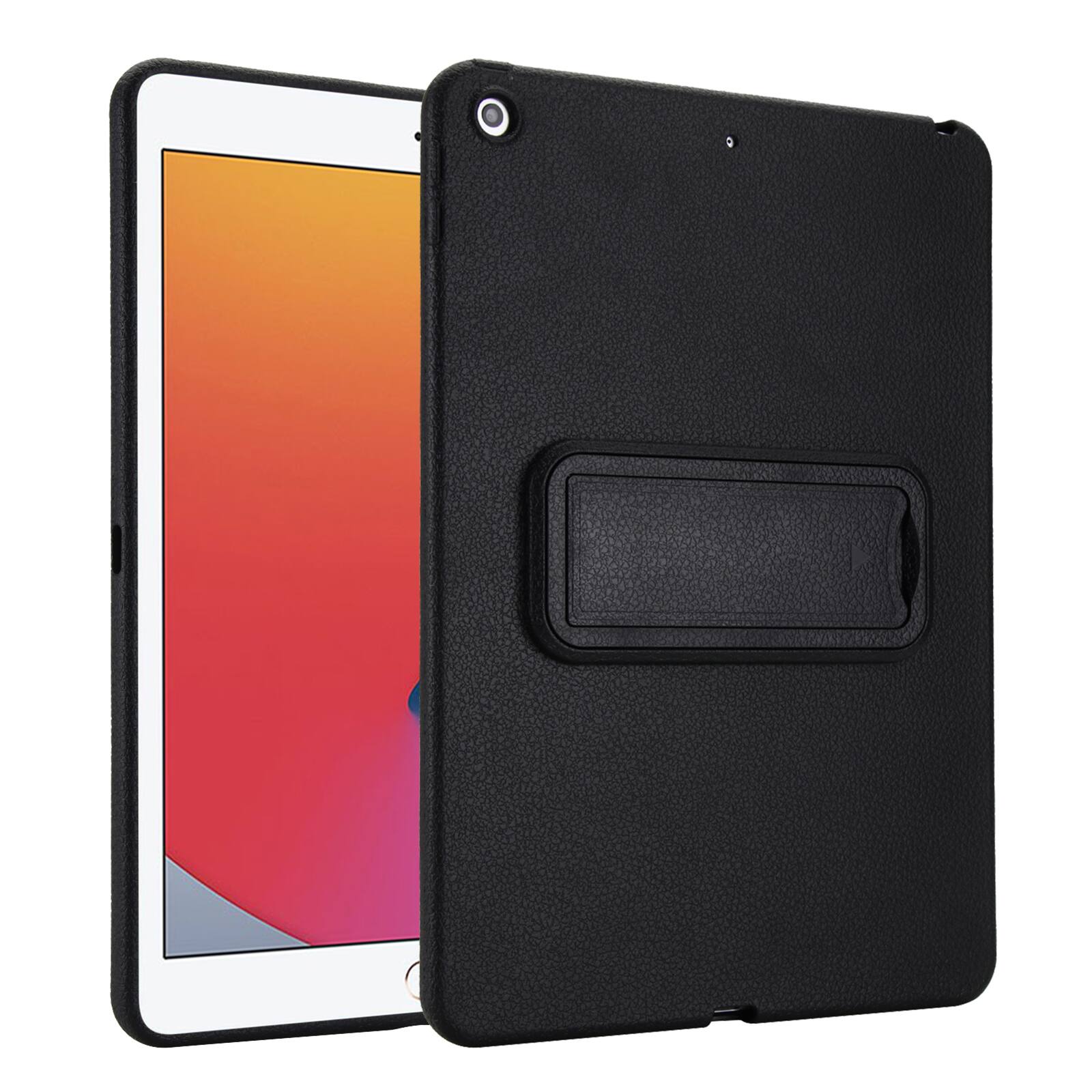 Left. Dteck - Shockproof Case for Apple iPad (9th Generation) 10.2" 2021, Slim Leather Texture Protective Cover with Folding Kickstand - Black.
