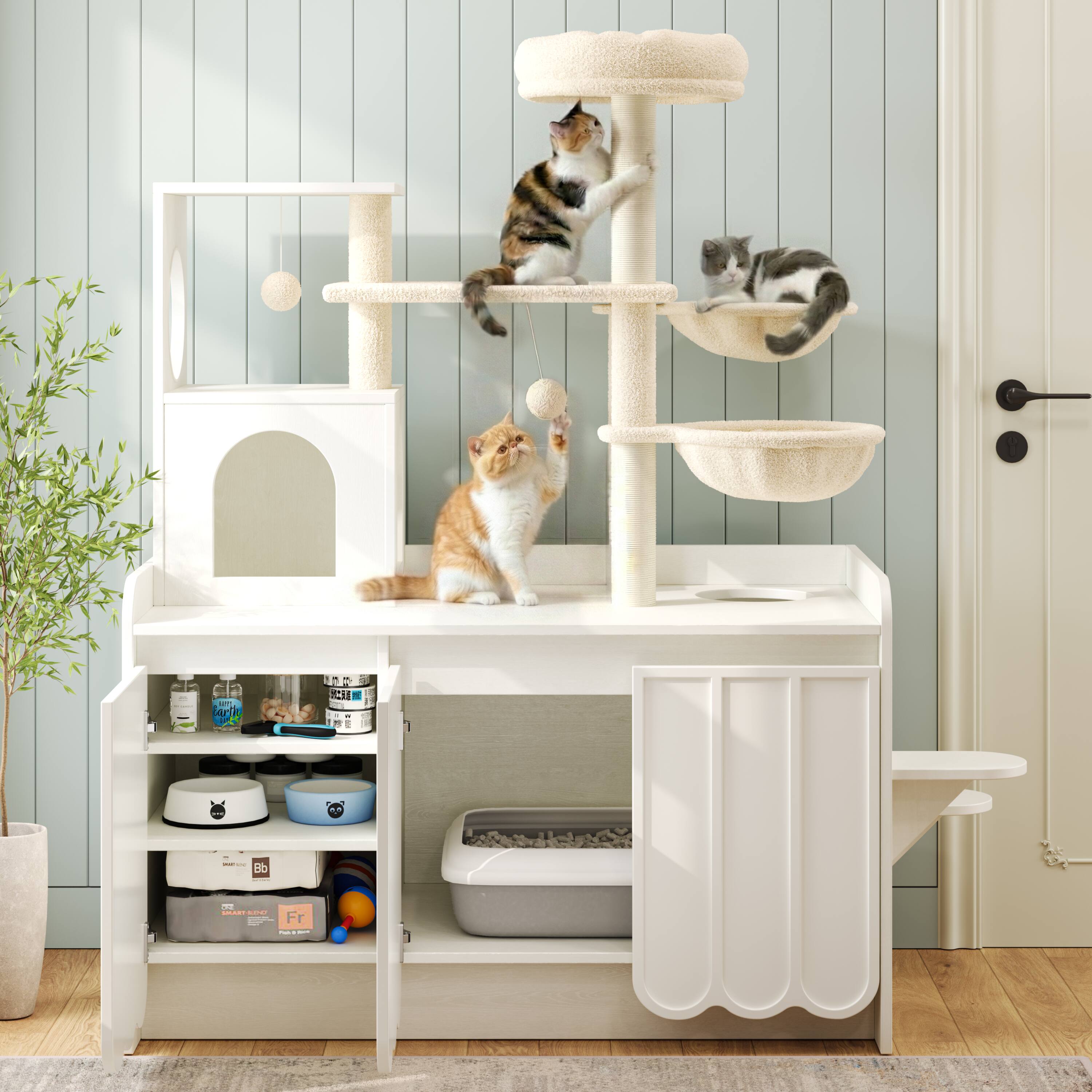Angle. Whisen - 50.6" Multi-Level Cat Tree with Hidden Litter Box Enclosure, Storage Cabinet, Sisal Scratching Posts - White.