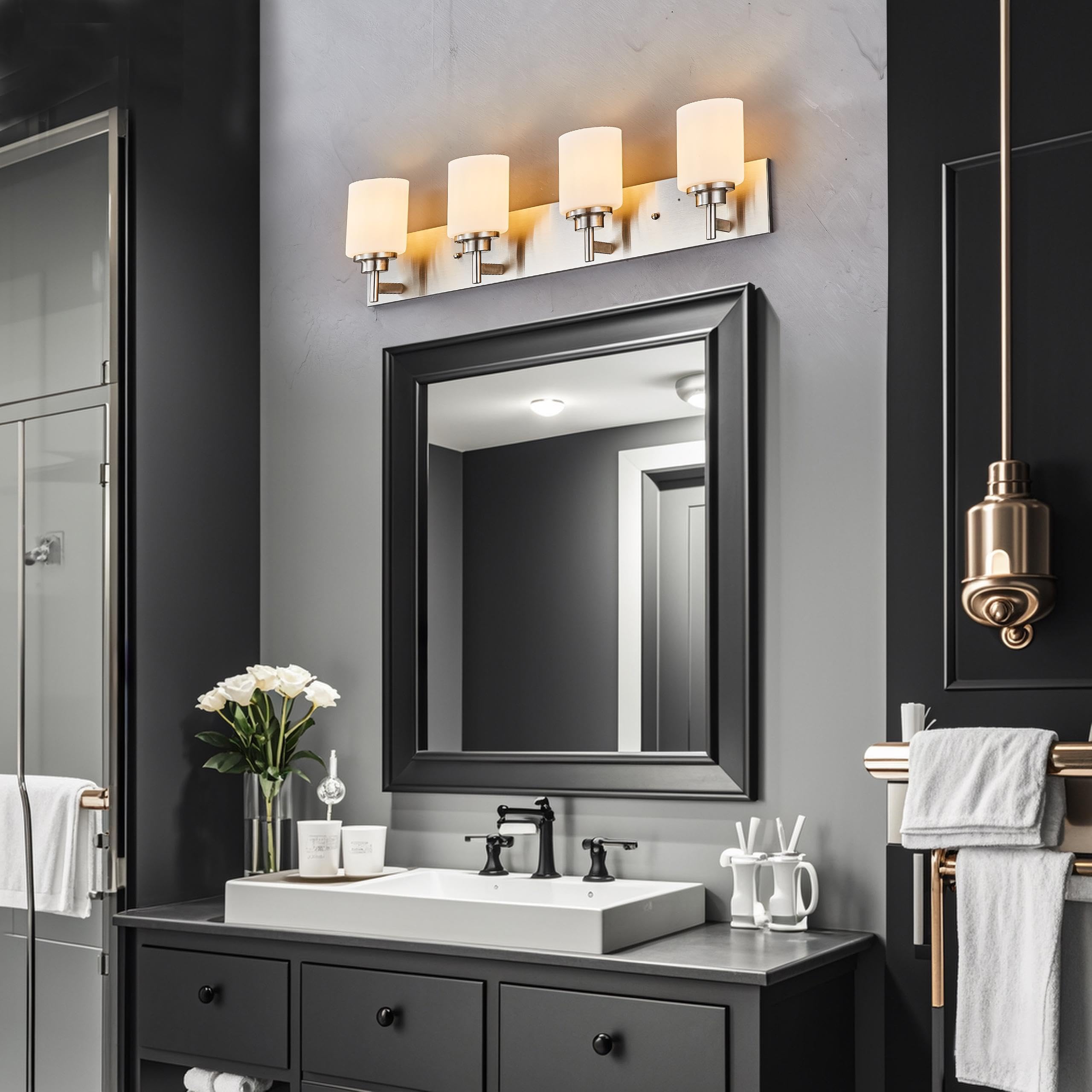 Back. Earthley Blooms - Bathroom Vanity Light Fixture Brushed Nickel 4 Lights Glass Shade For Living Room Bedroom Farmhouse Anti-rust - Brushed Nickel-24 inch 3-Light.