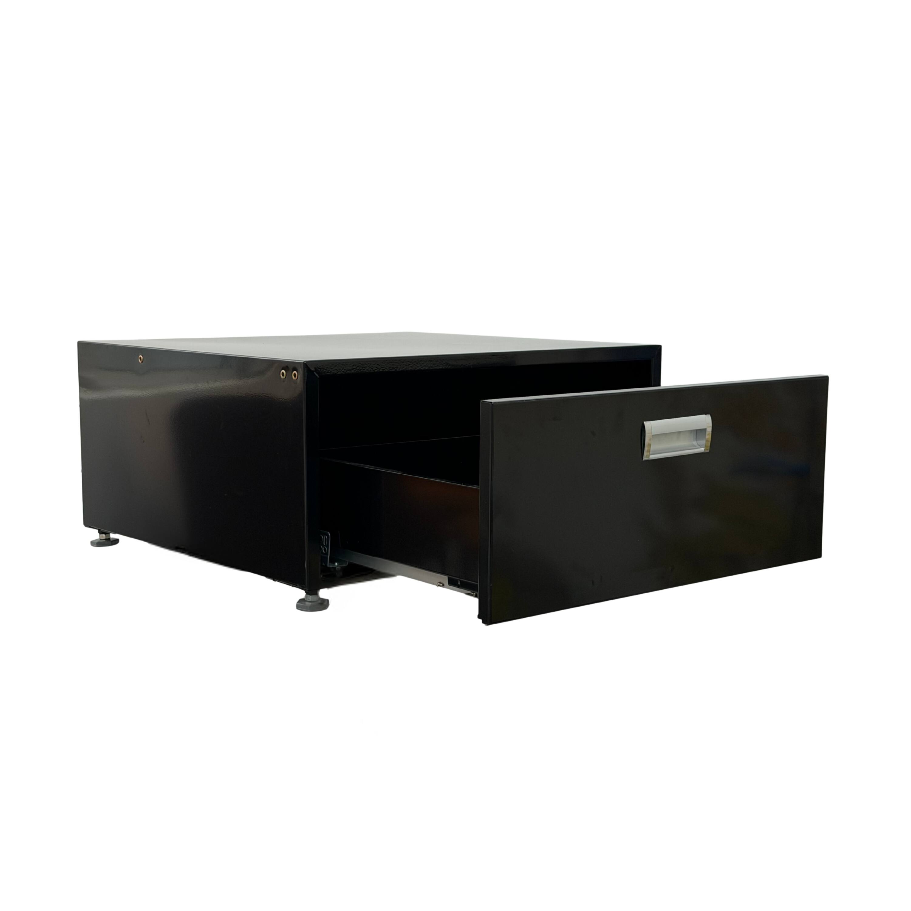 Left. Equator - Equator 24in Laundry Pedestal 13 inch tall + Rollout Storage Drawer Adjustable feet - Black.
