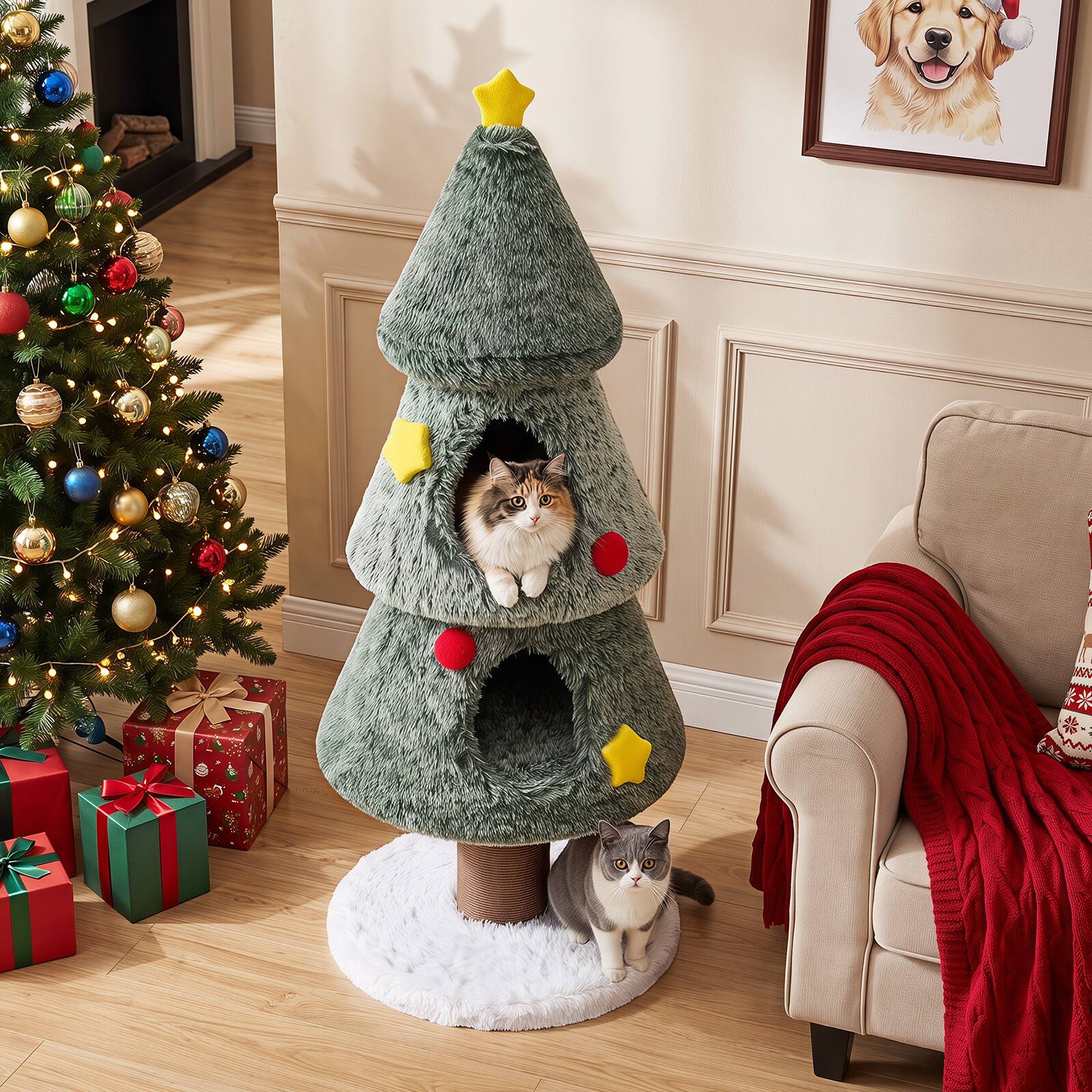 Alt View 3. Costway - Costway Christmas Cat Tree with 2 Condos, 50" Multi-level Cat Tower with Scratching Post - Green + White + Yellow + Red.