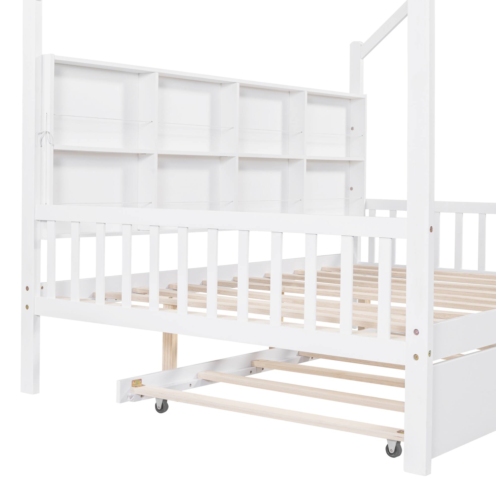 Alt View 7. GOODSILO - Full Size Wooden House Bed with Trundle and Back Shelf for Kids - Timeless Design - White.