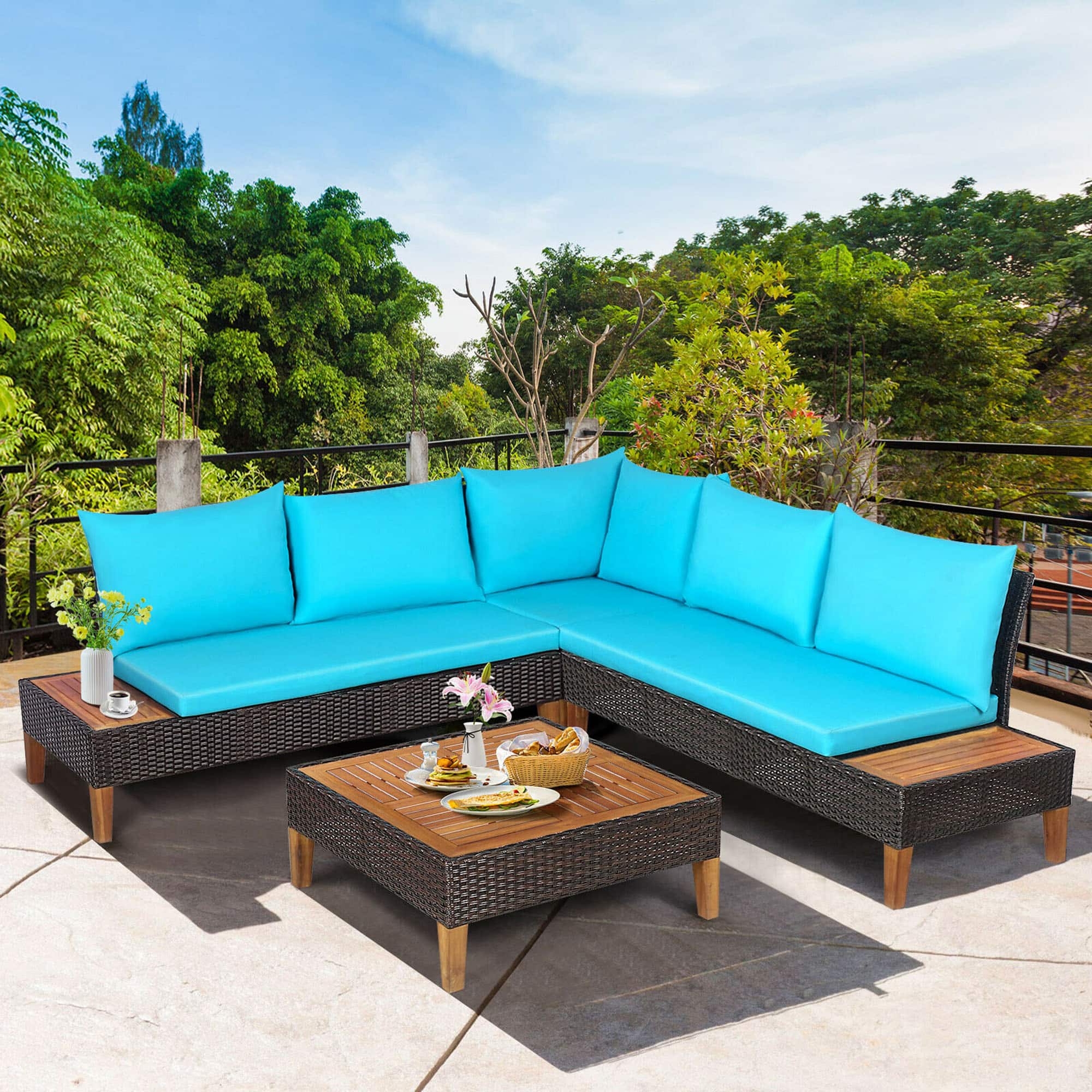 Gymax - 4PCS Acacia Wood Patio Furniture Set Rattan Conversation Set w/ Cushions - Turquoise price history on PriceWatchPro