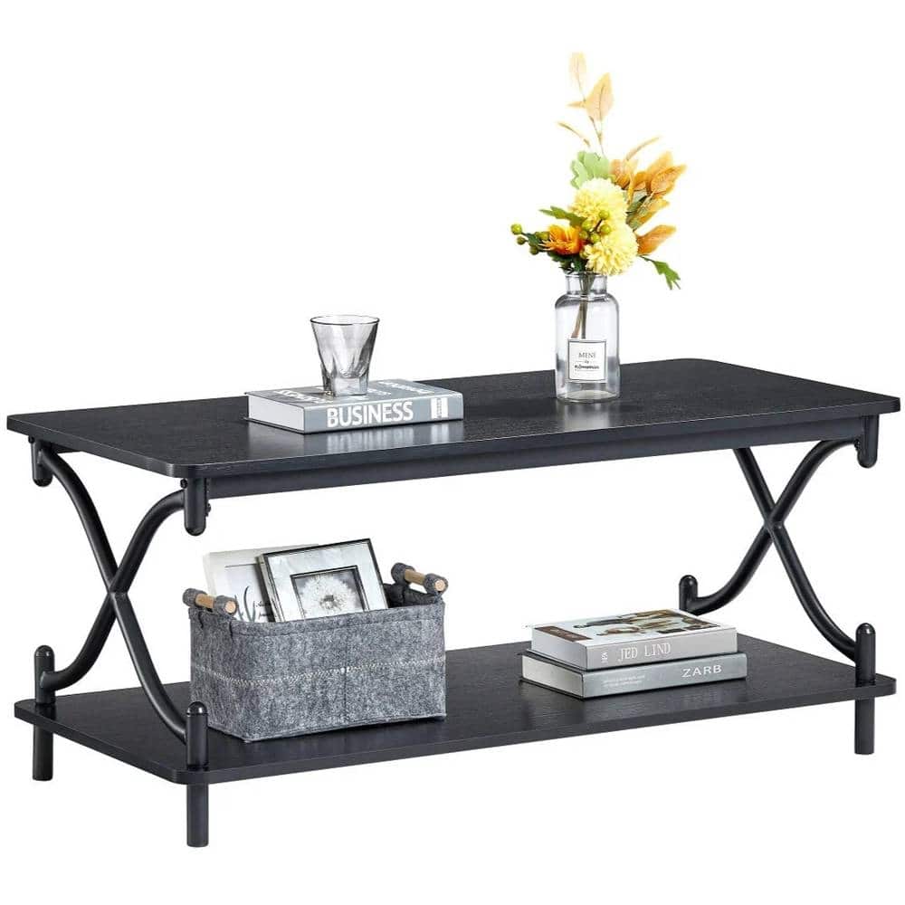 Hivvago - Modern Industrial Metal Wood Coffee Table with Bottom Storage Shelf - Black