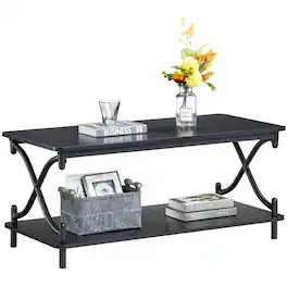 Hivvago - Modern Industrial Metal Wood Coffee Table with Bottom Storage Shelf - Black