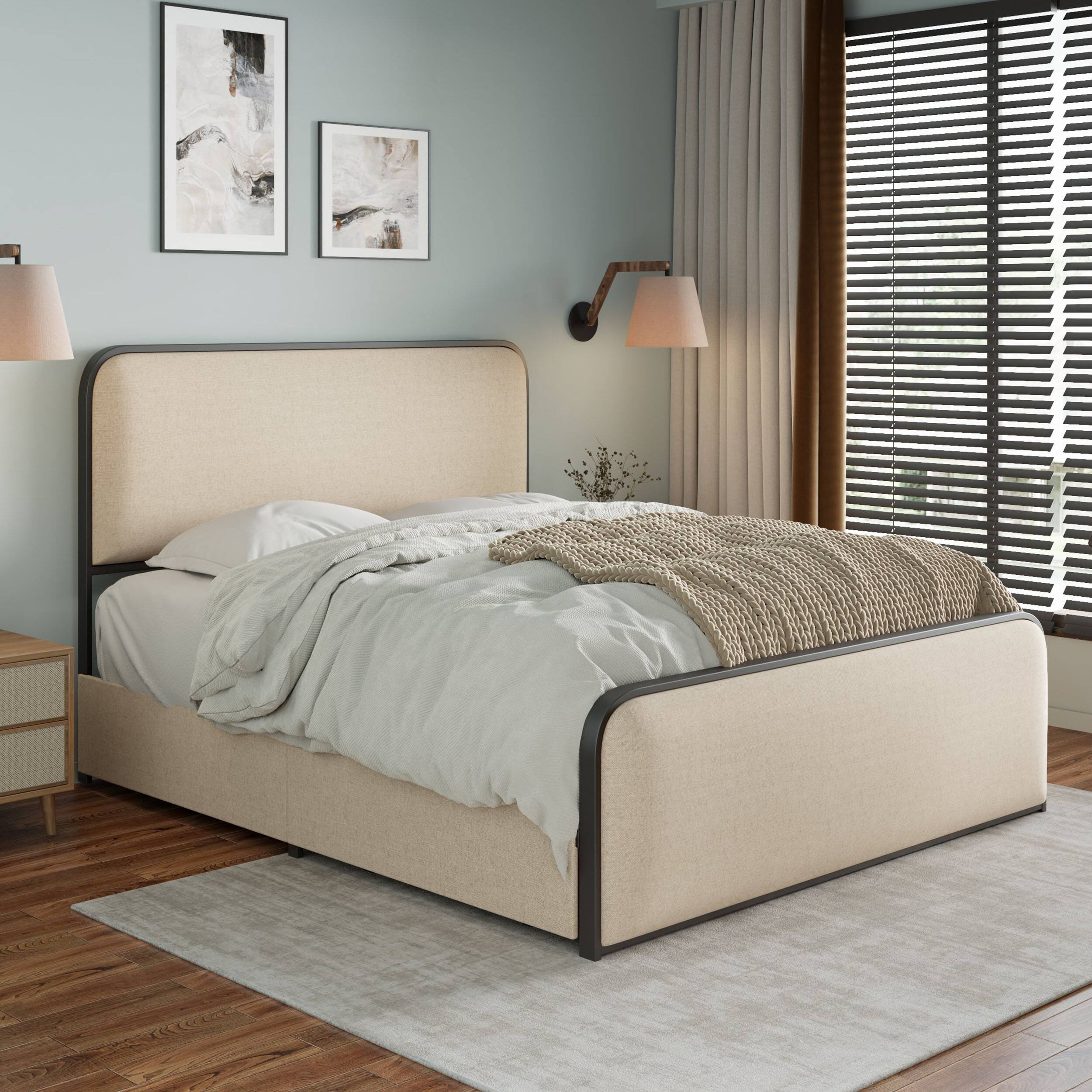 Left. Tiramisubest - Modern Metal Bed Frame with 4 Storage Drawers, Heavy Duty Metal Slats, Queen Size, Beige - Beige.