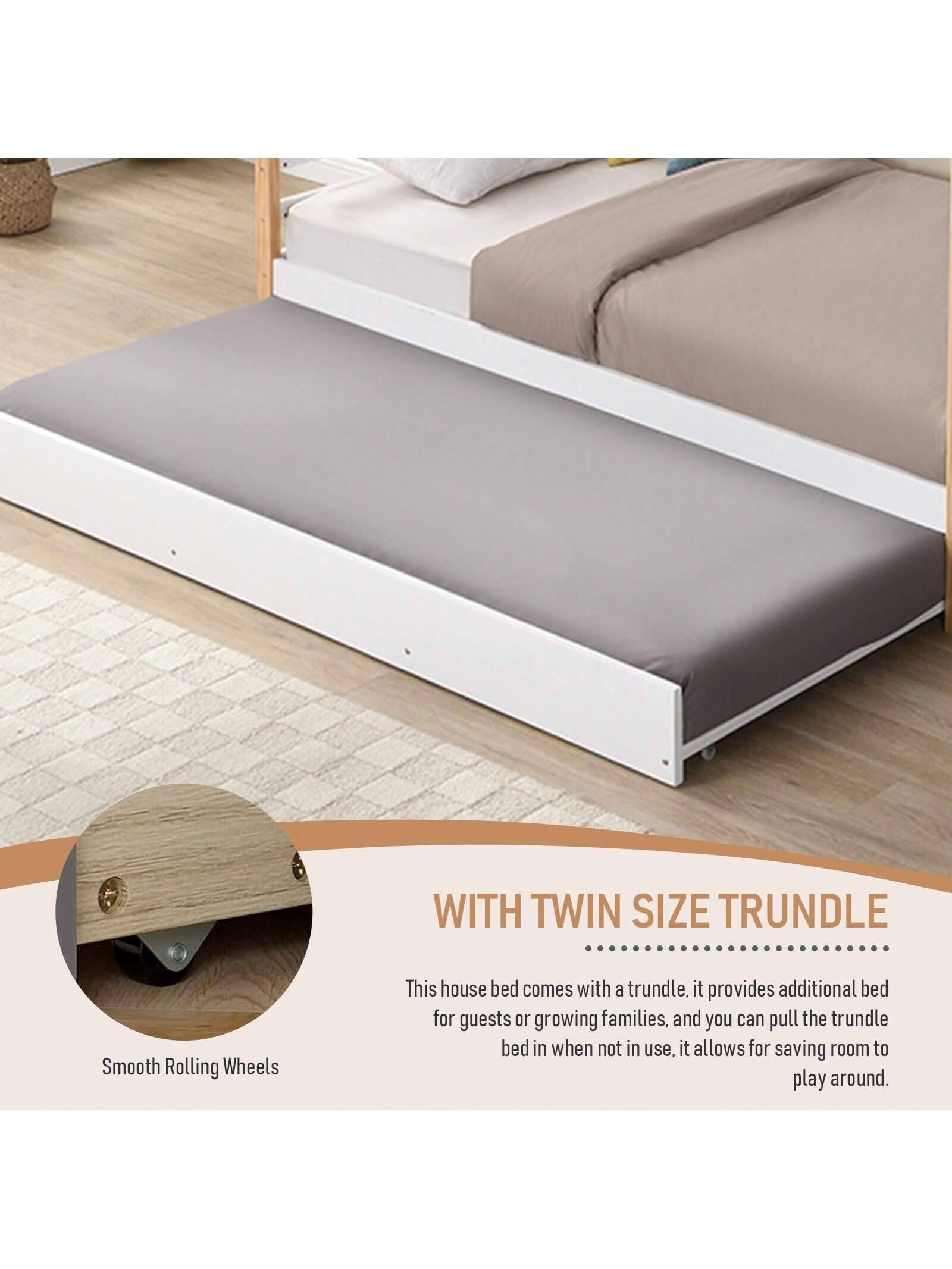 WITH TWIN SIZE TRUNDLE

This house bed comes with a trundle, it provides additional bed for guests or growing families, and you can pull the trundle bed in when not in use. It allows for saving room to play around.

Smooth Rolling Wheels