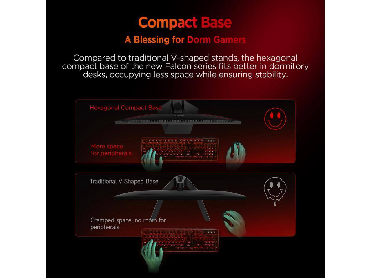 Compact Base  
A Blessing for Dorm Gamers  

Compared to traditional V-shaped stands, the hexagonal compact base of the new Falcon series fits better in dormitory desks, occupying less space while ensuring stability.  

Hexagonal Compact Base  
More space for peripherals.  

Traditional V-Shaped Base  
Cramped space, no room for peripherals.