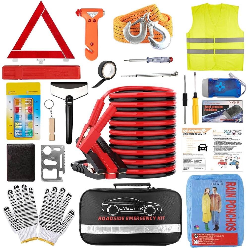 MOSZAR LLC - Roadside Emergency Car Kit with Jumper Cables & 30-pc Tool Set (Gray/Red)