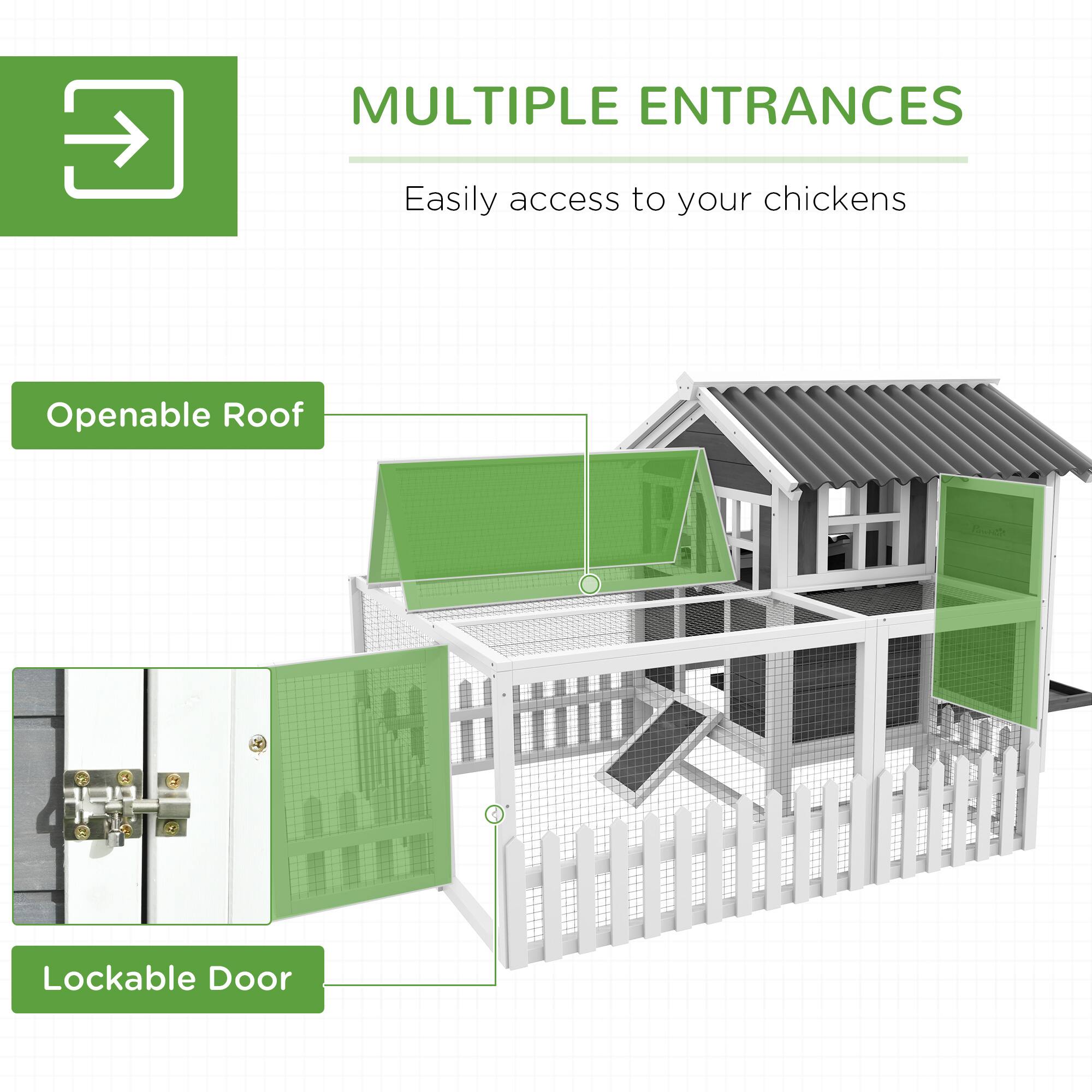 MULTIPLE ENTRANCES  
Easily access to your chickens  

Openable Roof  

Lockable Door