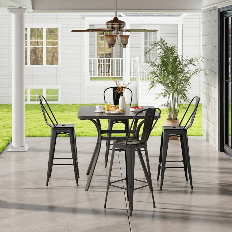 Left. Mondawe - 24in Stackable Metal Bar Stool Set w/ Removable Backrest, Industrial Counter Height Chairs for Indoor Outdoor, 4Pcs - Black.