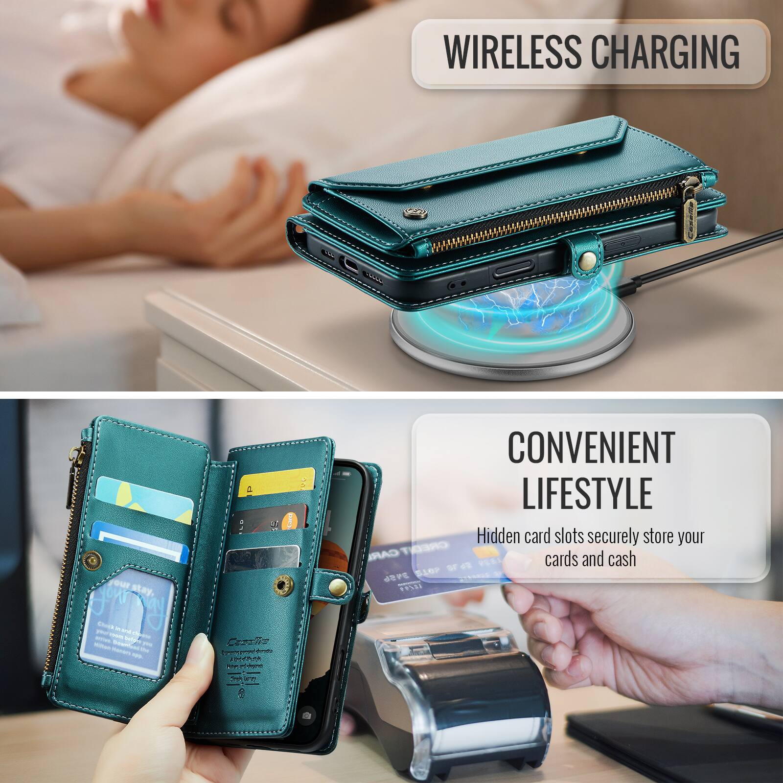 WIRELESS CHARGING

CONVENIENT LIFESTYLE

Hidden card slots securely store your CARDS and cash
