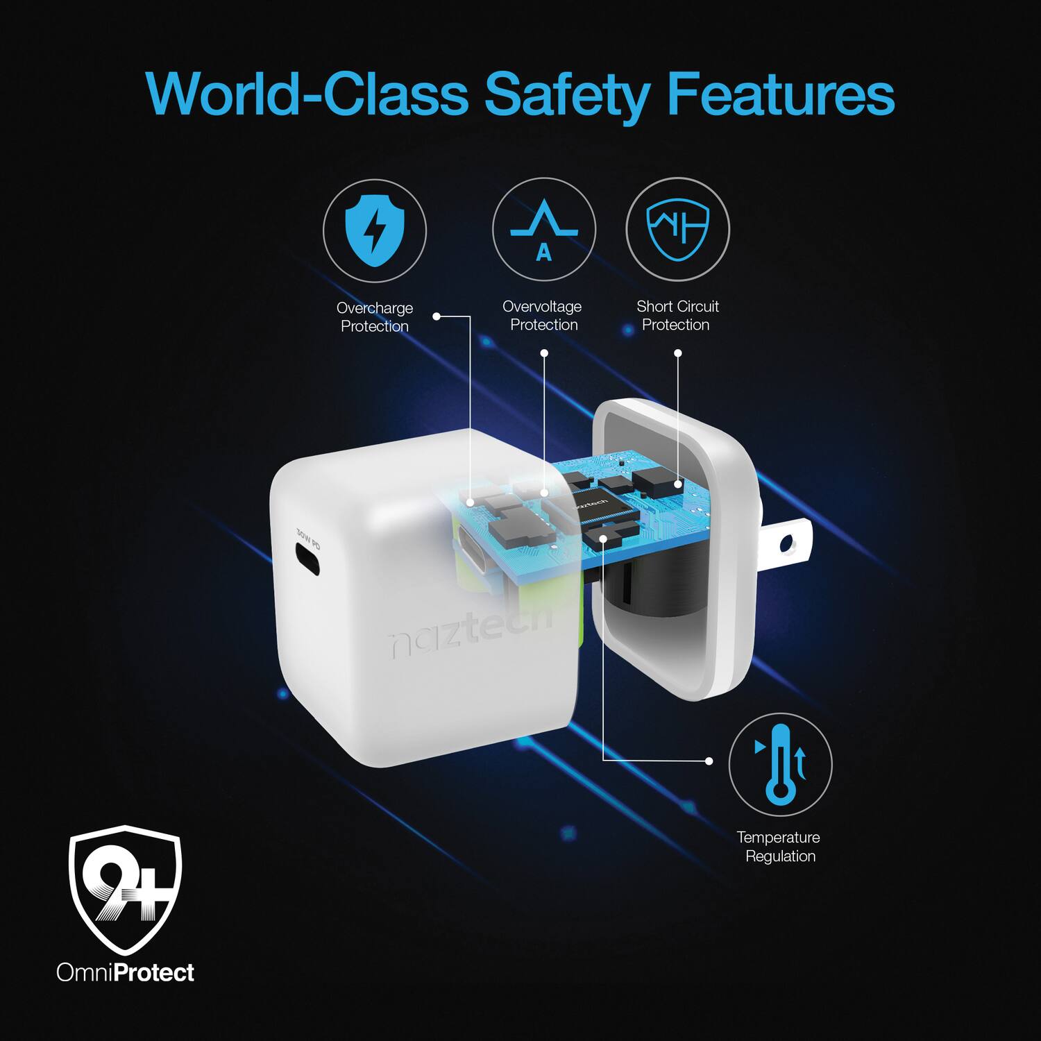 World-Class Safety Features

- Overcharge Protection
- Overvoltage Protection
- Short Circuit Protection
- Temperature Regulation

OmniProtect