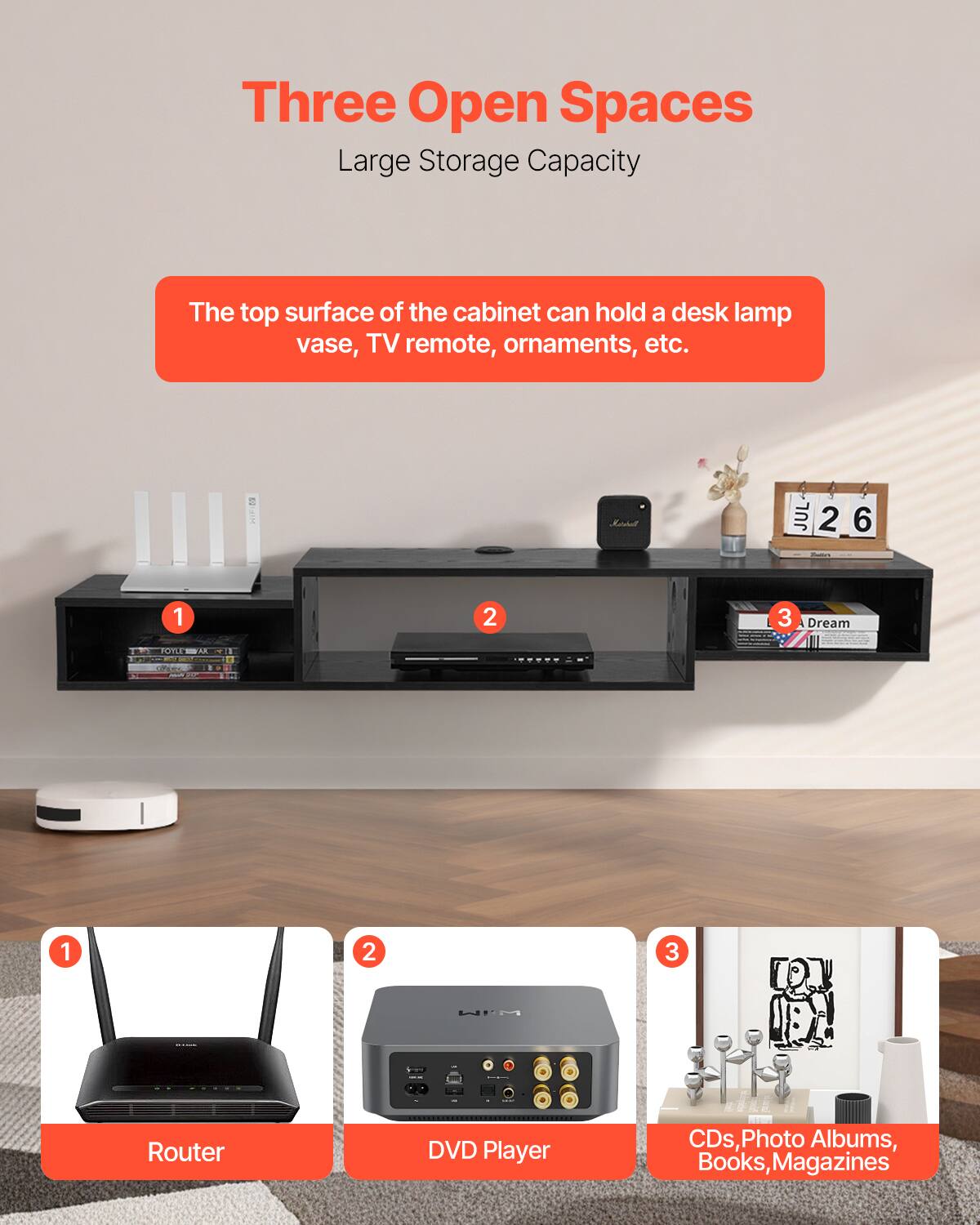 Three Open Spaces  
Large Storage Capacity  

The top surface of the cabinet can hold a desk lamp, vase, TV remote, ornaments, etc.  

1. Router  
2. DVD Player  
3. CDs, Photo Albums, Books, Magazines