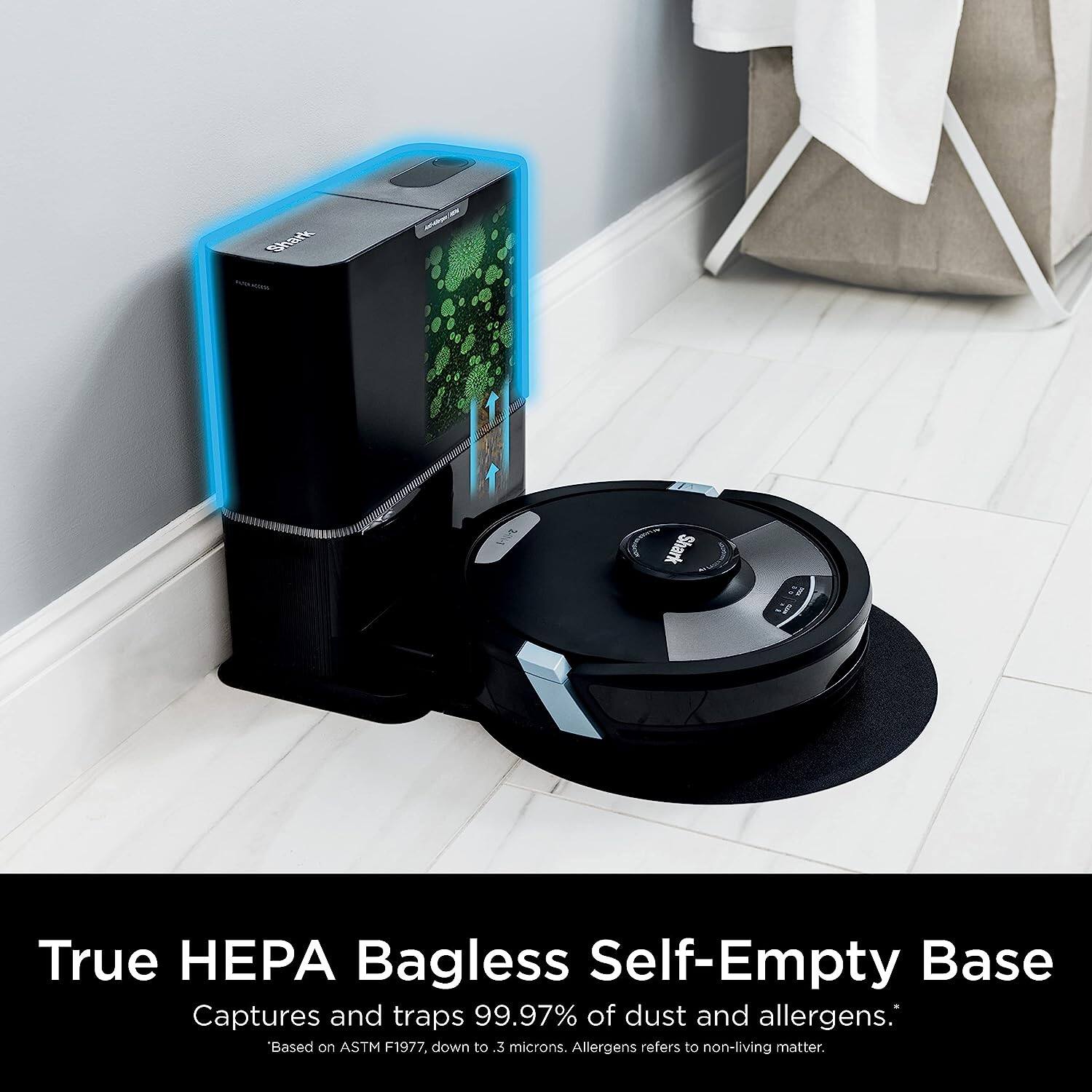 True HEPA Bagless Self-Empty Base  
Captures and traps 99.97% of dust and allergens.  
*Based on ASTM F1977, down to 3 microns. Allergens refers to non-living matter.
