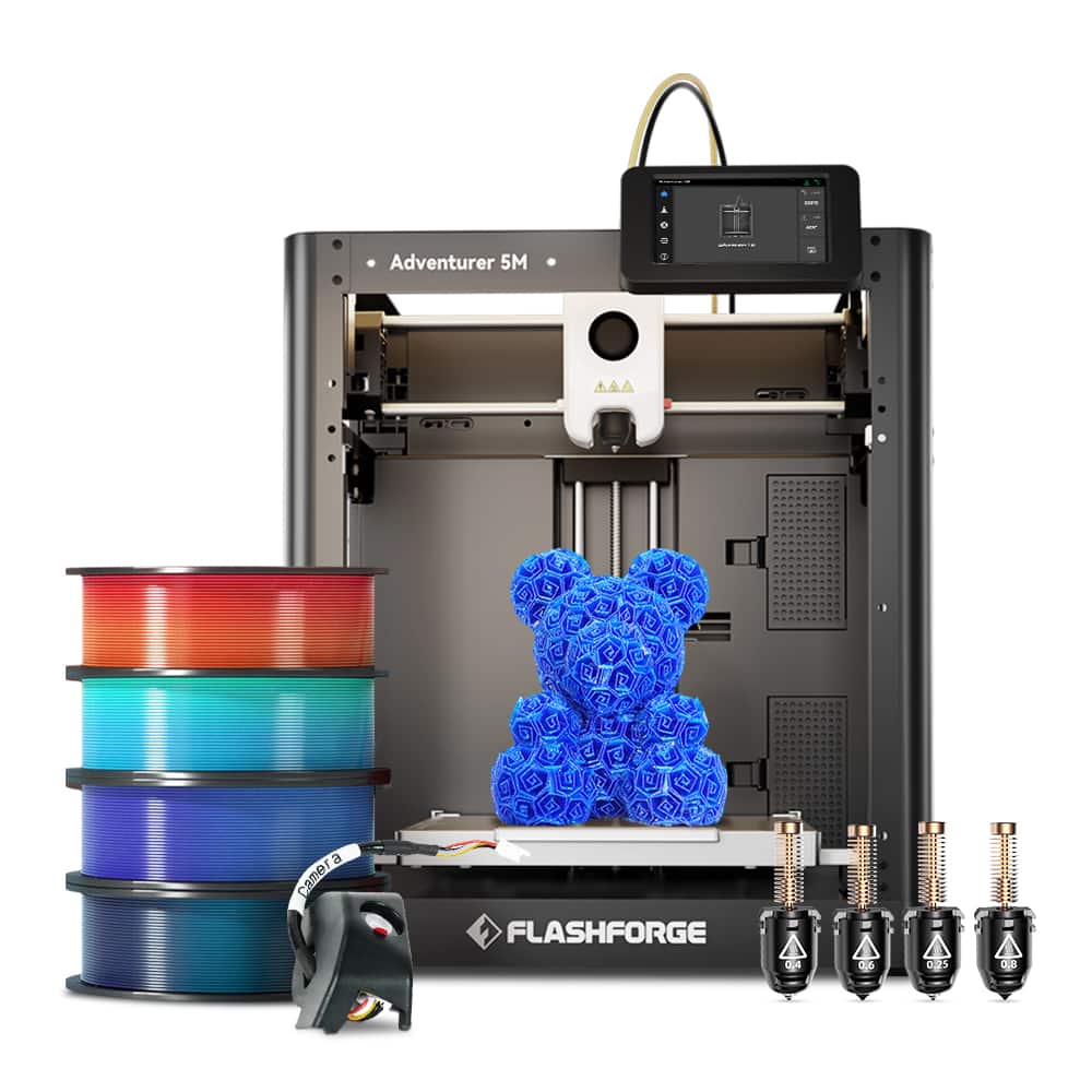 Flashforge - Adventurer 5M 3D Printer Bundle with Camera, 4×PLA multicolor Filaments and Nozzle Set - Black