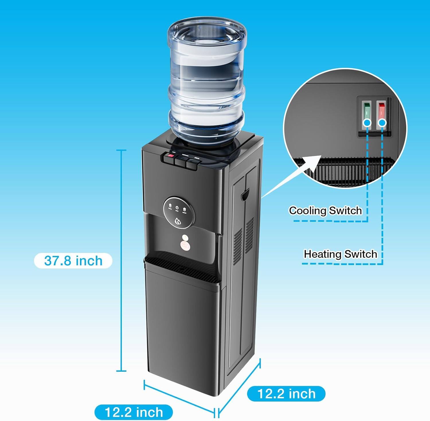 Cooling Switch  
Heating Switch  

37.8 inch  
12.2 inch  
12.2 inch