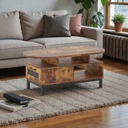 Hivvago - Living Room Oval Coffee Table, 47-Inch with Built-In Storage and Shelves - Rustic Brown