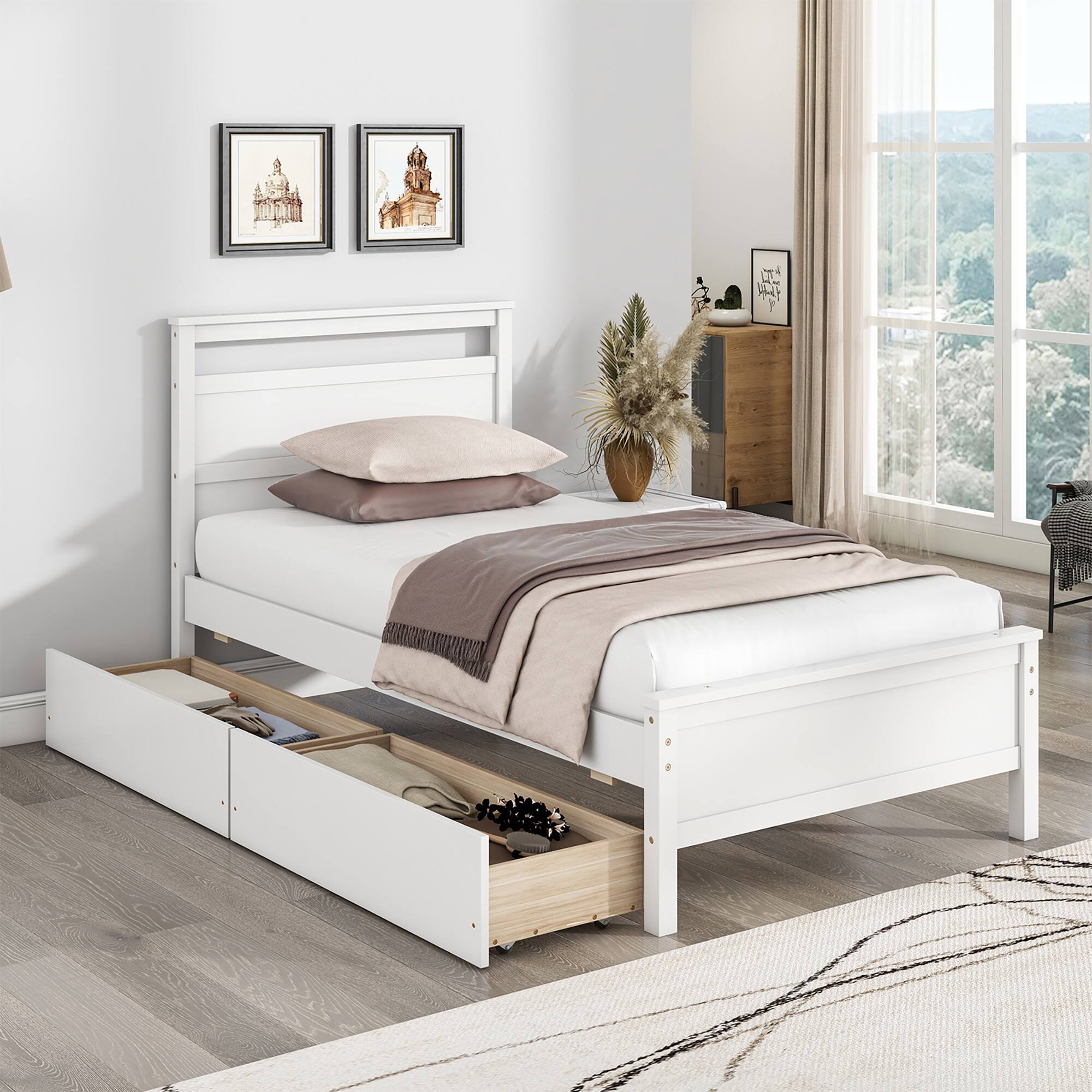 Alt View 1. Gymax - Gymax Twin Size Platform Bed w/ Drawers 2 Pull-out Drawers Headboard & Footboard White - White.