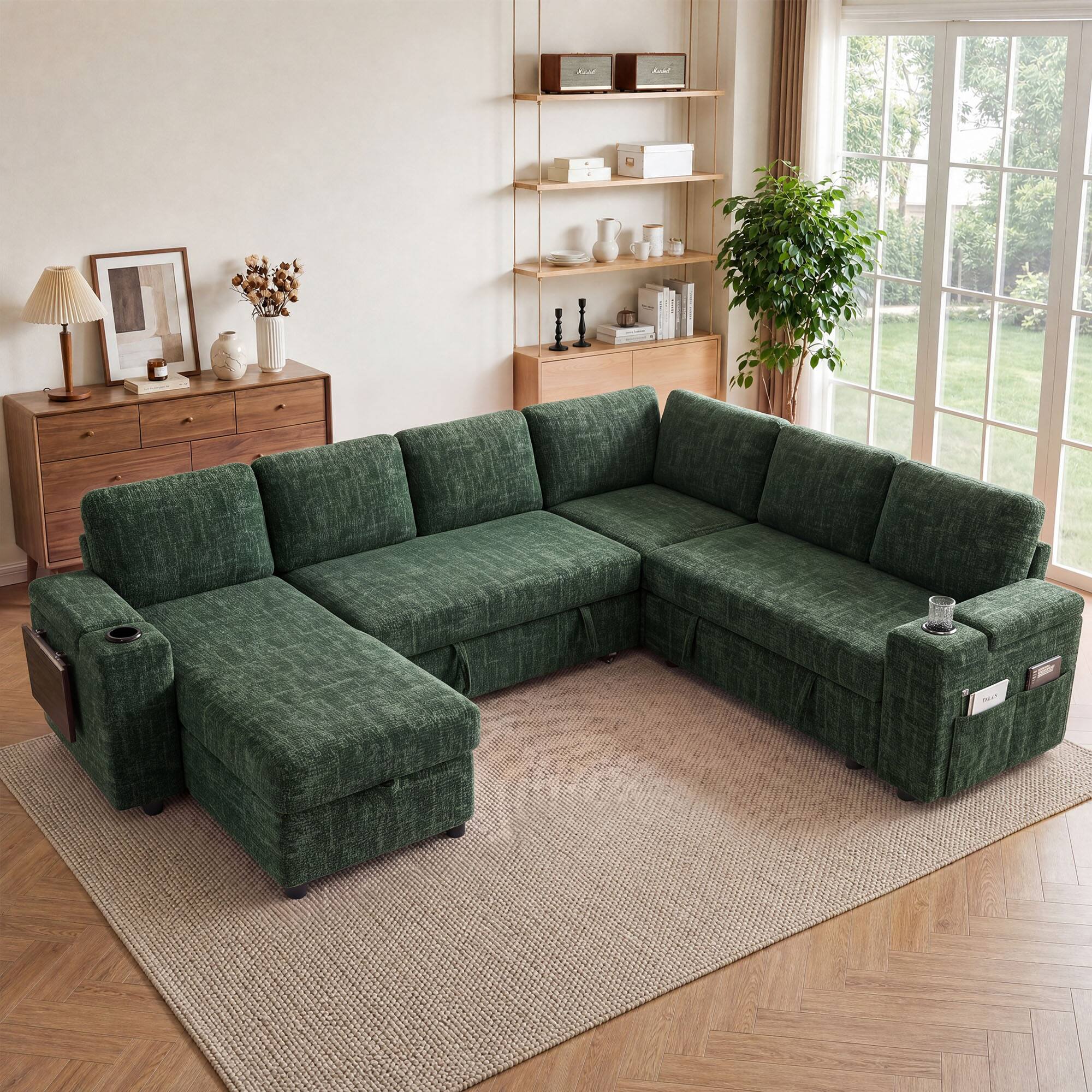 Angle. Dyonery - 110" Sleeper Sofa with Pull Out Bed, L-Shaped Couch with Reclining Backrest/USB Ports/Cup Holder/Side Table/Storage - Green.