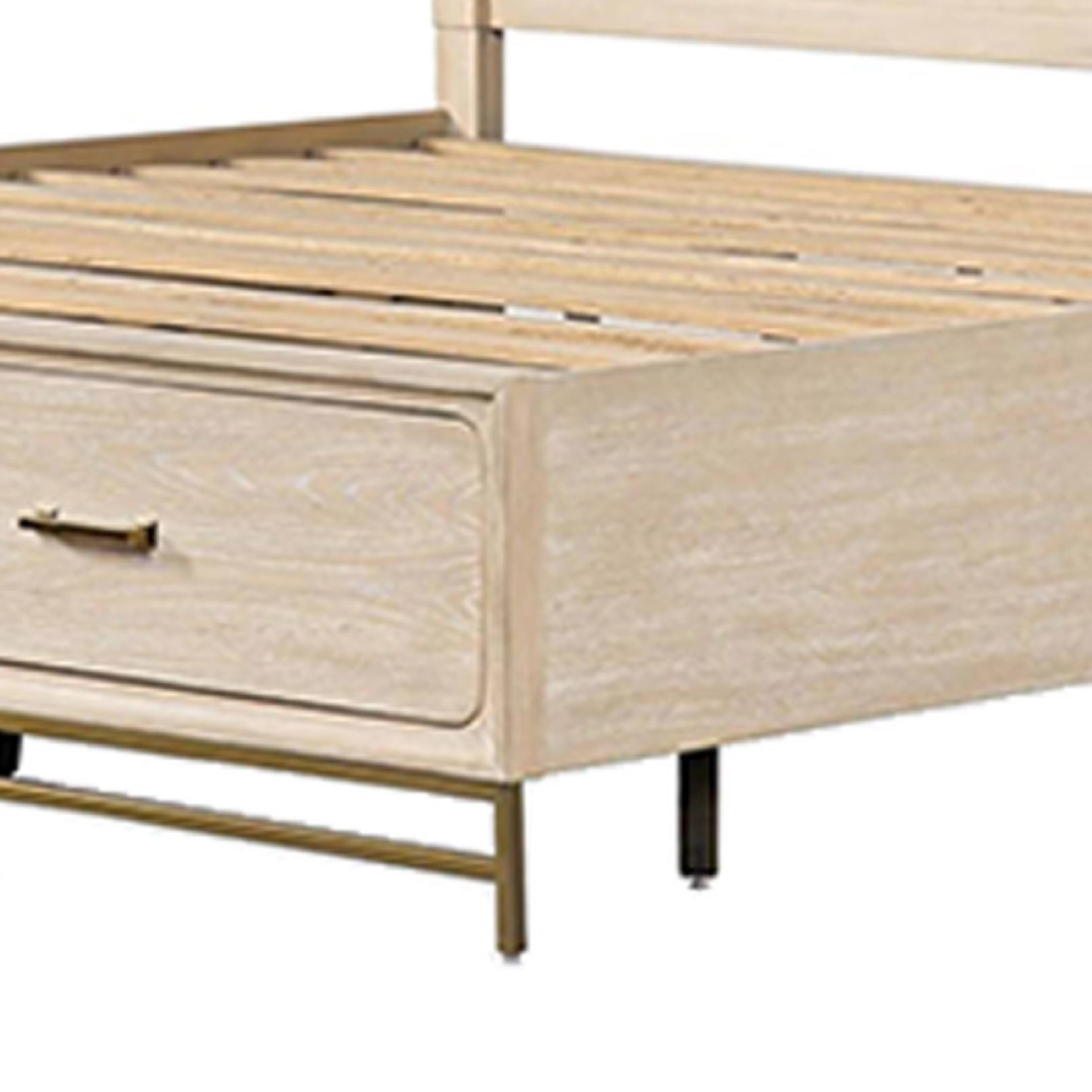 Alt View 3. Manhattan Lane - Rozie Queen Bed, Footboard Storage Drawers, Light Oak Brown Solid Wood - Light Oak Brown, Gold.