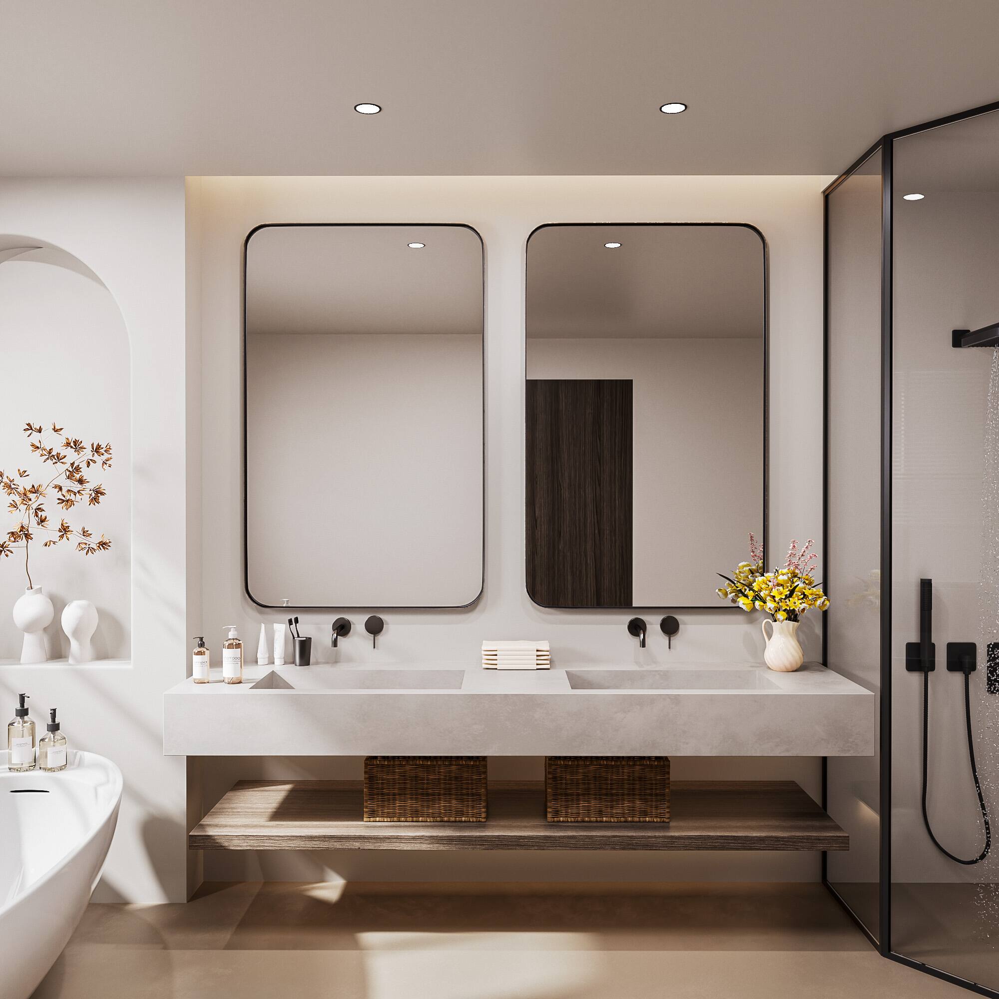 Alt View 13. LOVMOR - Tempered Glass Rounded Rectangle Framed Wall-Mounted Bathroom Vanity Mirror - 48" x 30" - Black.