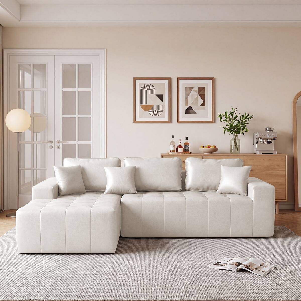 Angle. Ropilly - Ropilly Beige Faux Leather Sectional Sofa, L Shaped Corner Chaise Couch, Convertible Sofa Bed - Beige.