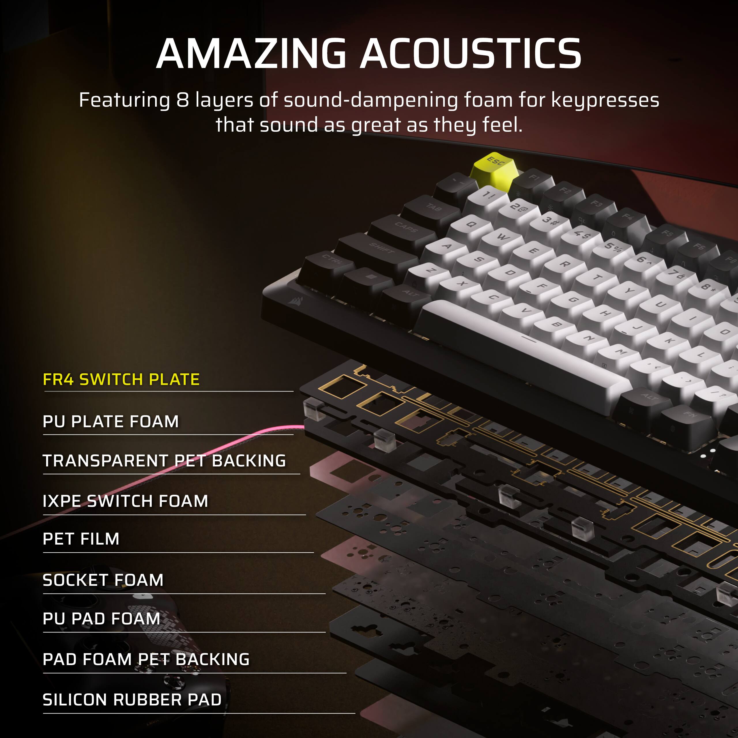 AMAZING ACOUSTICS  
Featuring 8 layers of sound-dampening foam for keypresses that sound as great as they feel.

- FR4 SWITCH PLATE
- PU PLATE FOAM
- TRANSPARENT PET BACKING
- IXPE SWITCH FOAM
- PET FILM
- SOCKET FOAM
- PU PAD FOAM
- PAD FOAM PET BACKING
- SILICON RUBBER PAD