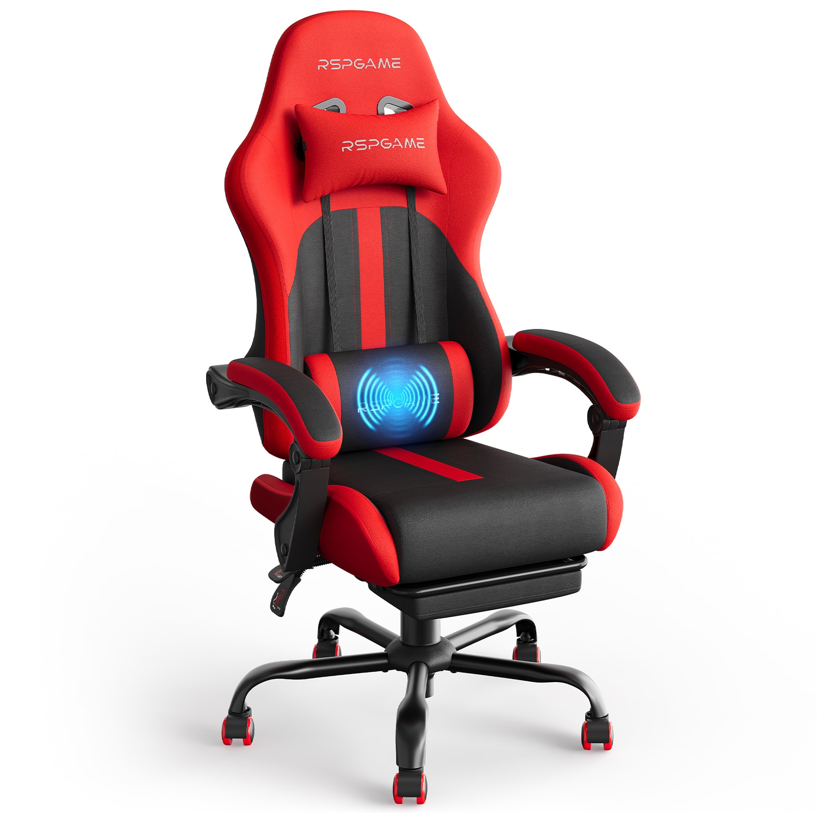 RSPGAME - Gaming Chair with Vibrating Lumbar Support, Ergonomic High Back Chair with Retractable Footrest - Red and Black