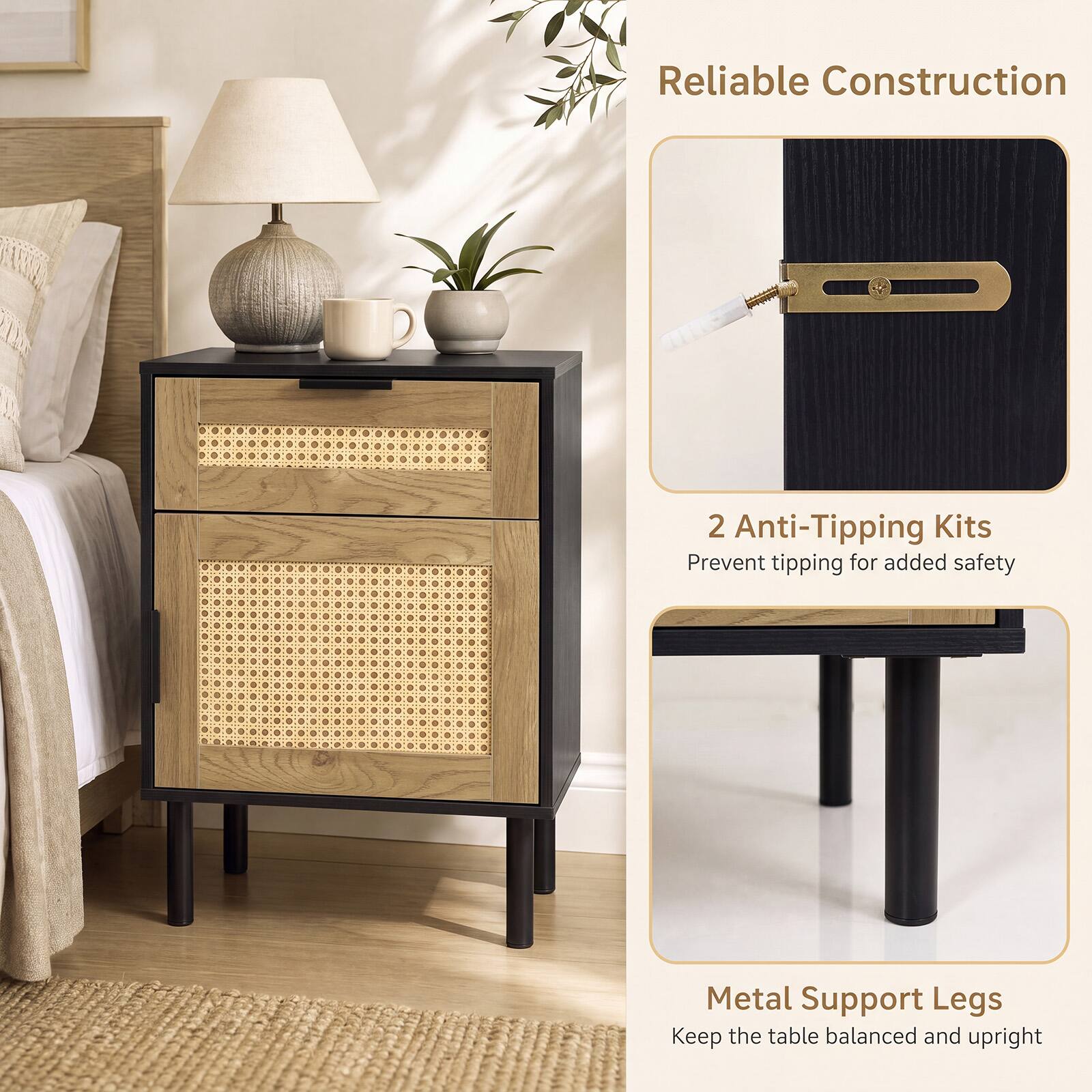 Reliable Construction

2 Anti-Tipping Kits  
Prevent tipping for added safety

Metal Support Legs  
Keep the table balanced and upright