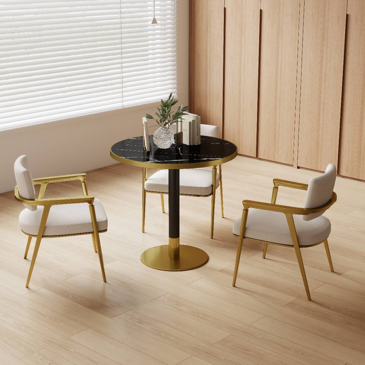 Alt View 1. Loheer - Loheer Round Dining Table with Black Sintered Stone Top and Gold Metal Base - Black and Gold.