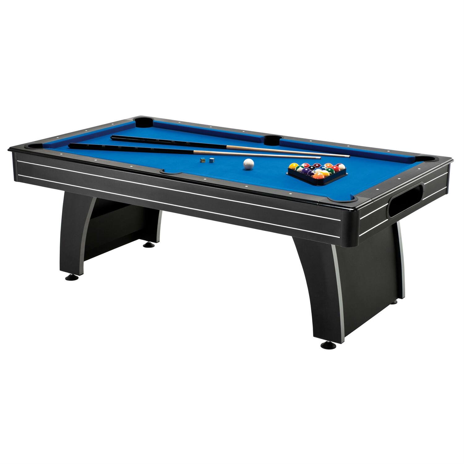 Angle. SlickBlue - 7 Foot Blue Top Pool Table with 2 Cues and Billiard Balls Set - Blue, Black.